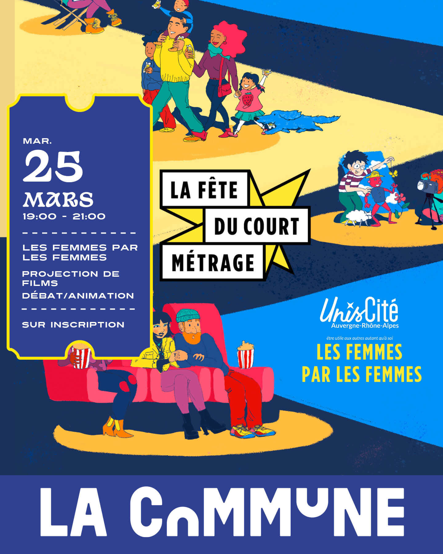 Affiche colorée de la Fête du Court Métrage à La Commune, avec projection et débat autour de films réalisés par des femmes.