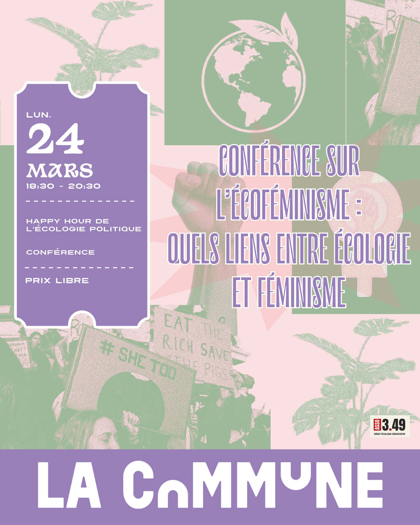 Affiche de la conférence sur l’écoféminisme à La Commune, avec illustrations de manifestations et symboles écologiques