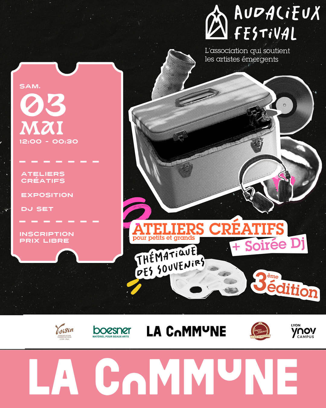 Affiche du Audacieux Festival à La Commune le 3 mai : ateliers créatifs, exposition artistique, DJ set et animations pour petits et grands.