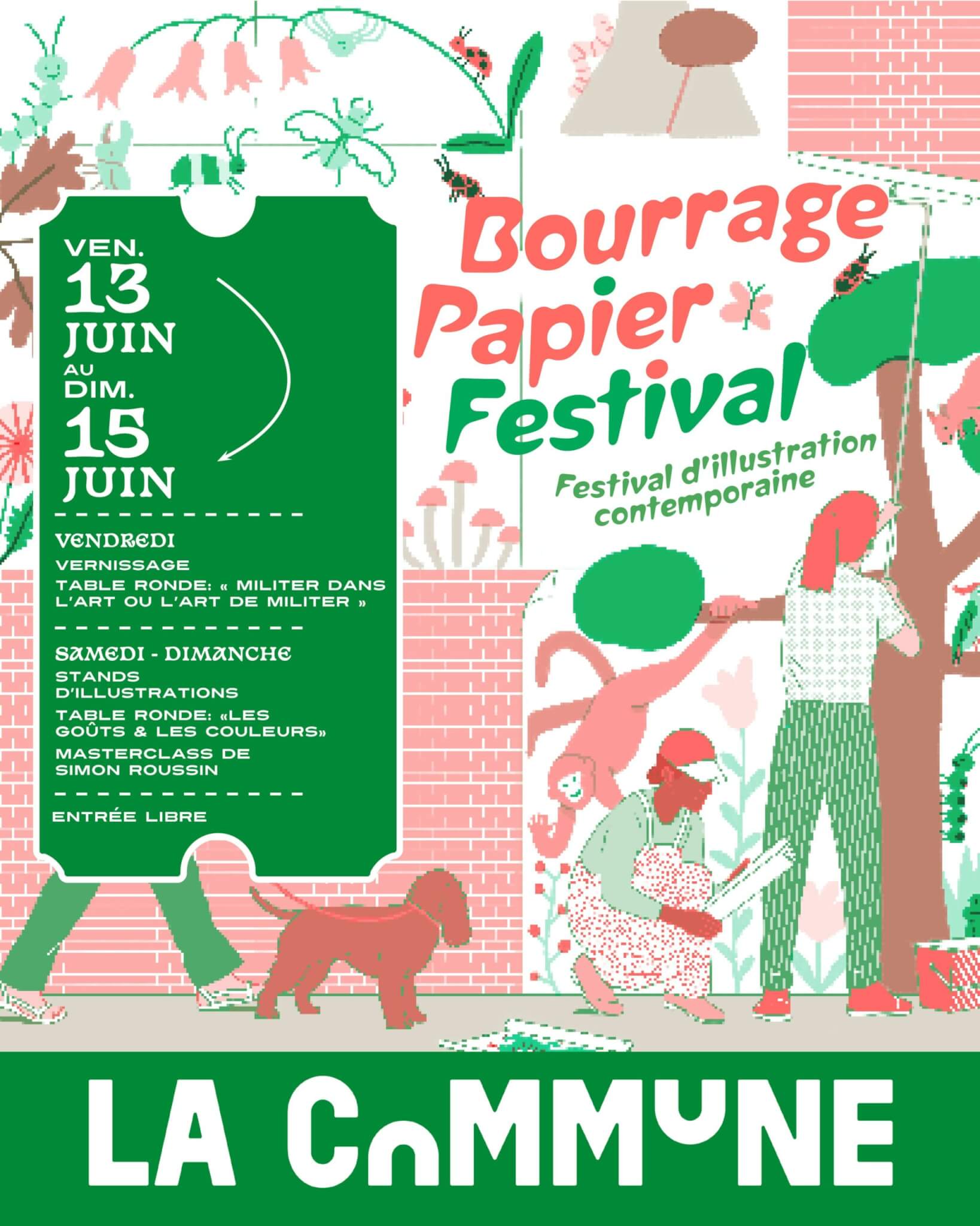 Festival d'illustration contemporaine à La Commune, visuel coloré avec nature stylisée.