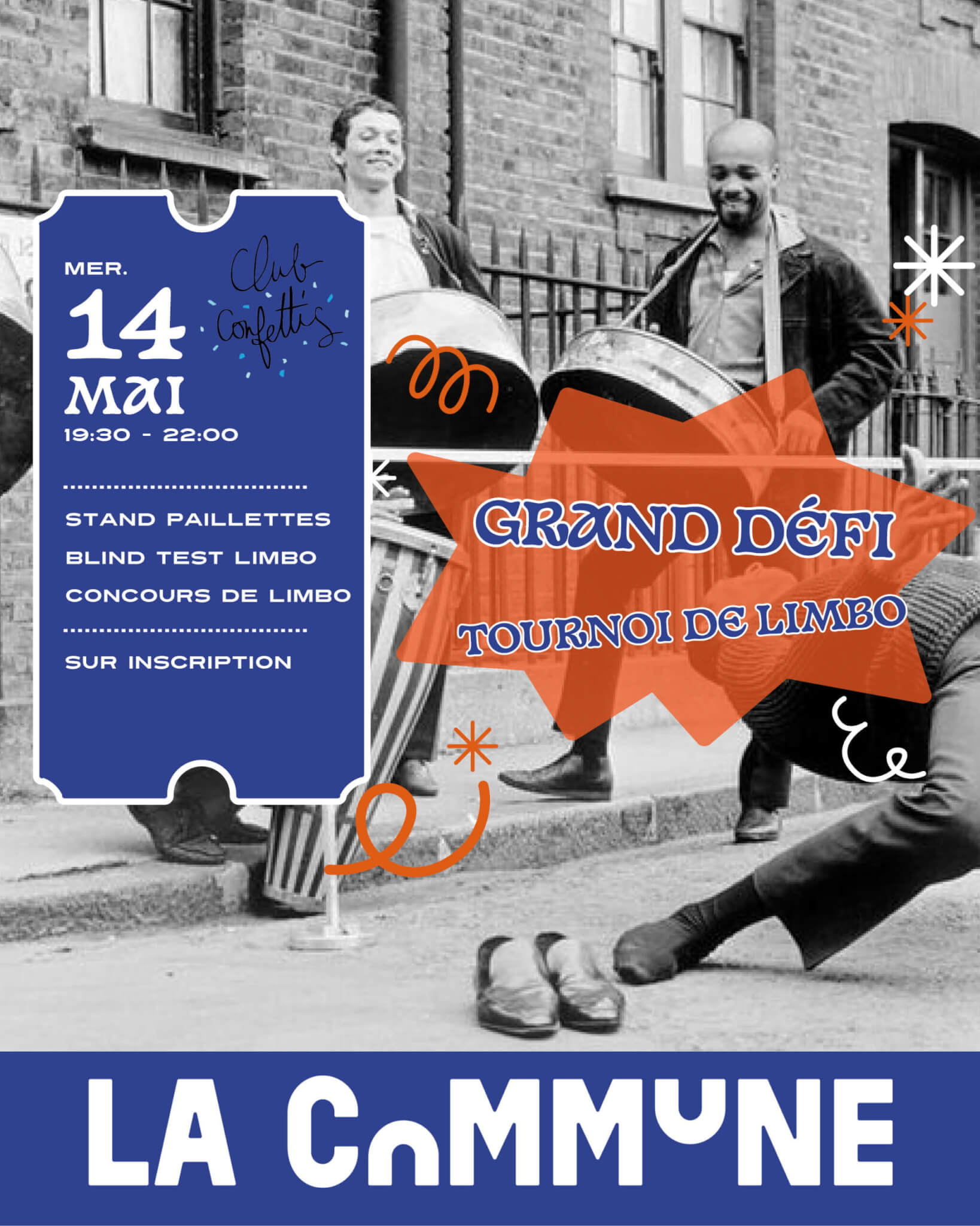 Affiche du tournoi de Limbo organisé par Club Confettis à La Commune, avec ambiance festive, musiciens et activités estivales.