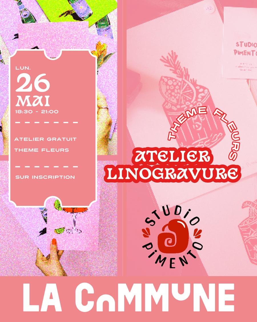 Affiche de l’atelier linogravure du 26 mai à La Commune, sur le thème des fleurs avec Studio Pimento.