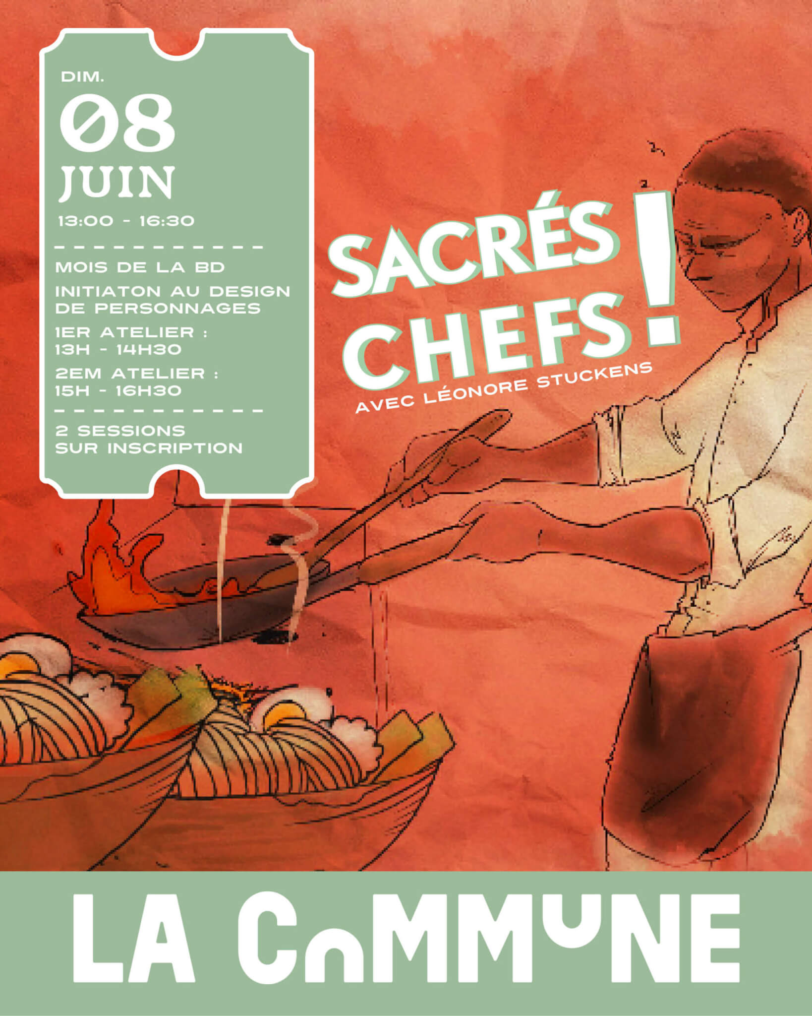 Visuel d’un atelier dessin BD le 8 juin à La Commune avec Léonore Stuckens, autour du design de personnages culinaires.