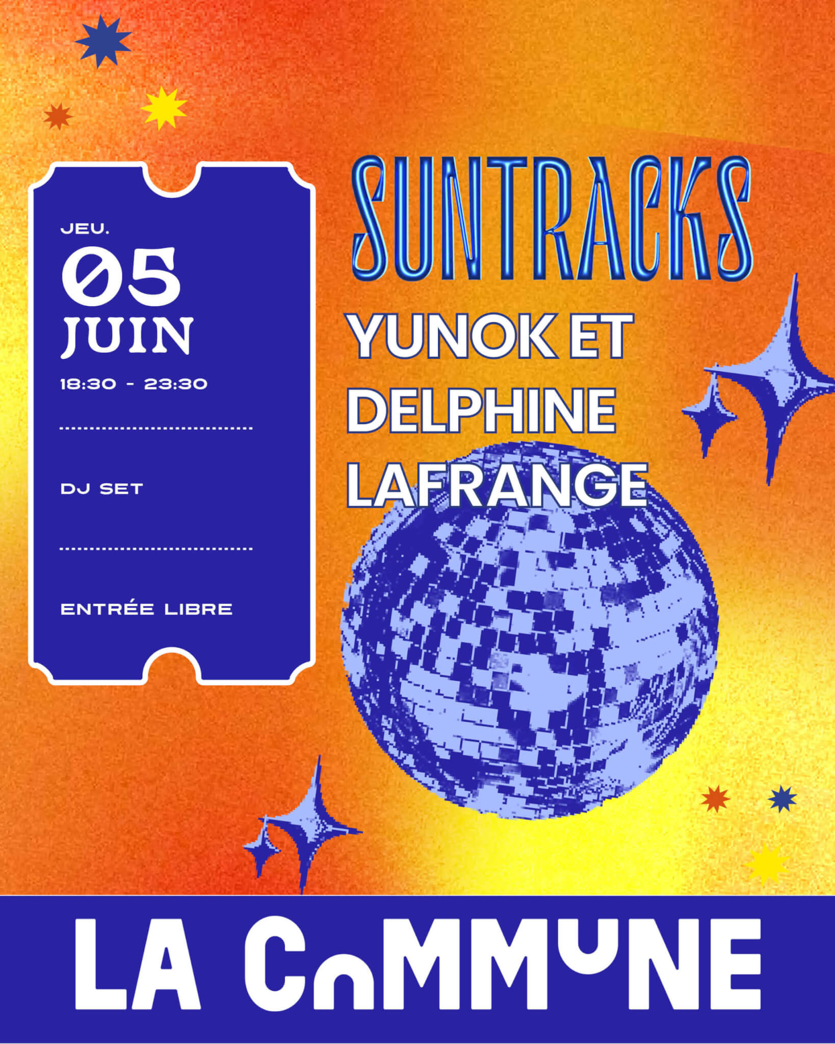 Visuel Suntracks avec DJ set de Yunok & Delphine le 5 juin à La Commune. Soirée électro, ambiance disco, entrée libre.