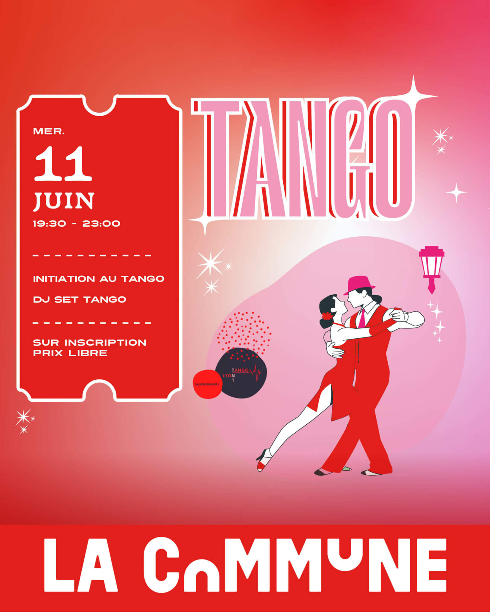 Initiation au tango et DJ set à La Commune, affiche rouge avec couple de danseurs.