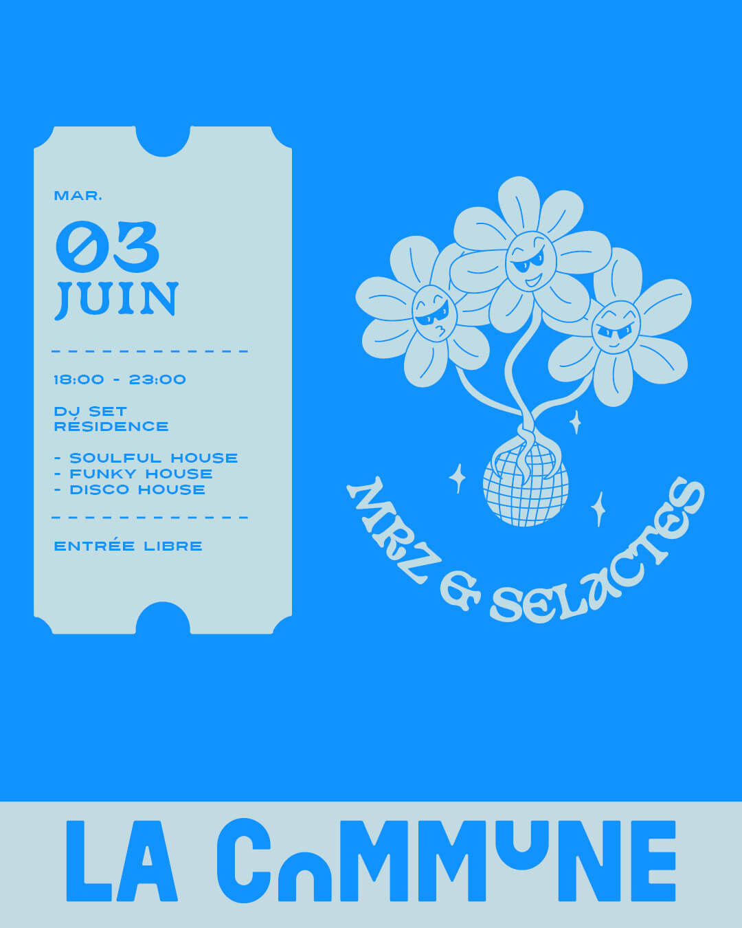 Illustration colorée d’un DJ set avec MRZ & Selactes le 3 juin à La Commune. Soulful house, disco, funky house. Entrée libre.