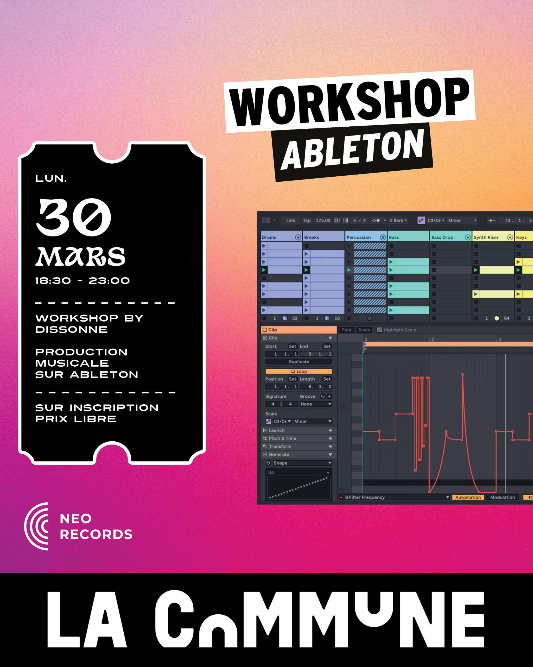 Workshop Ableton à La Commune : production musicale, sound design et mixage avec Neo Records et Dissonne. Débutants et intermédiaires. Entrée libre.