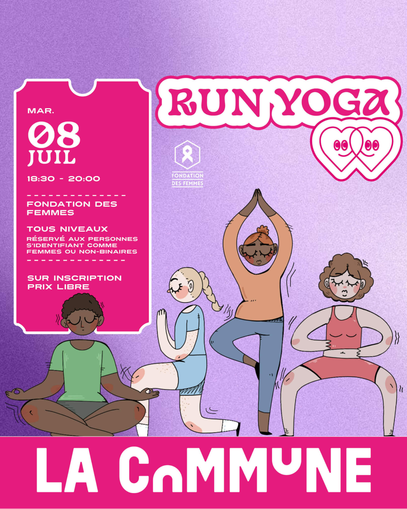 ffiche Run Yoga à La Commune le 8 juillet avec illustrations de femmes en mouvement.