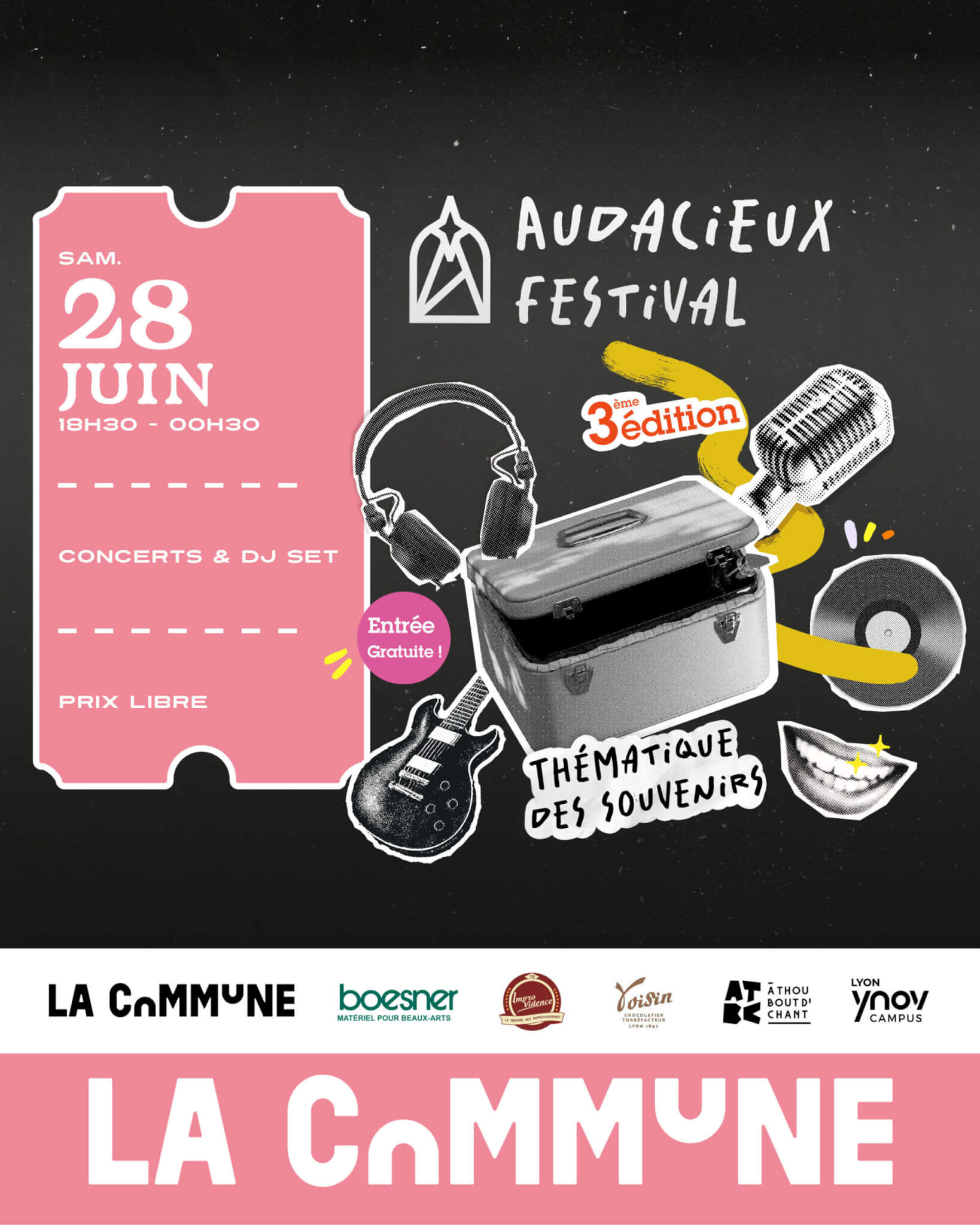 Affiche du festival Audacieux à La Commune le 28 juin : concerts, DJ sets et souvenirs pour la 3e édition, entrée à prix libre.
