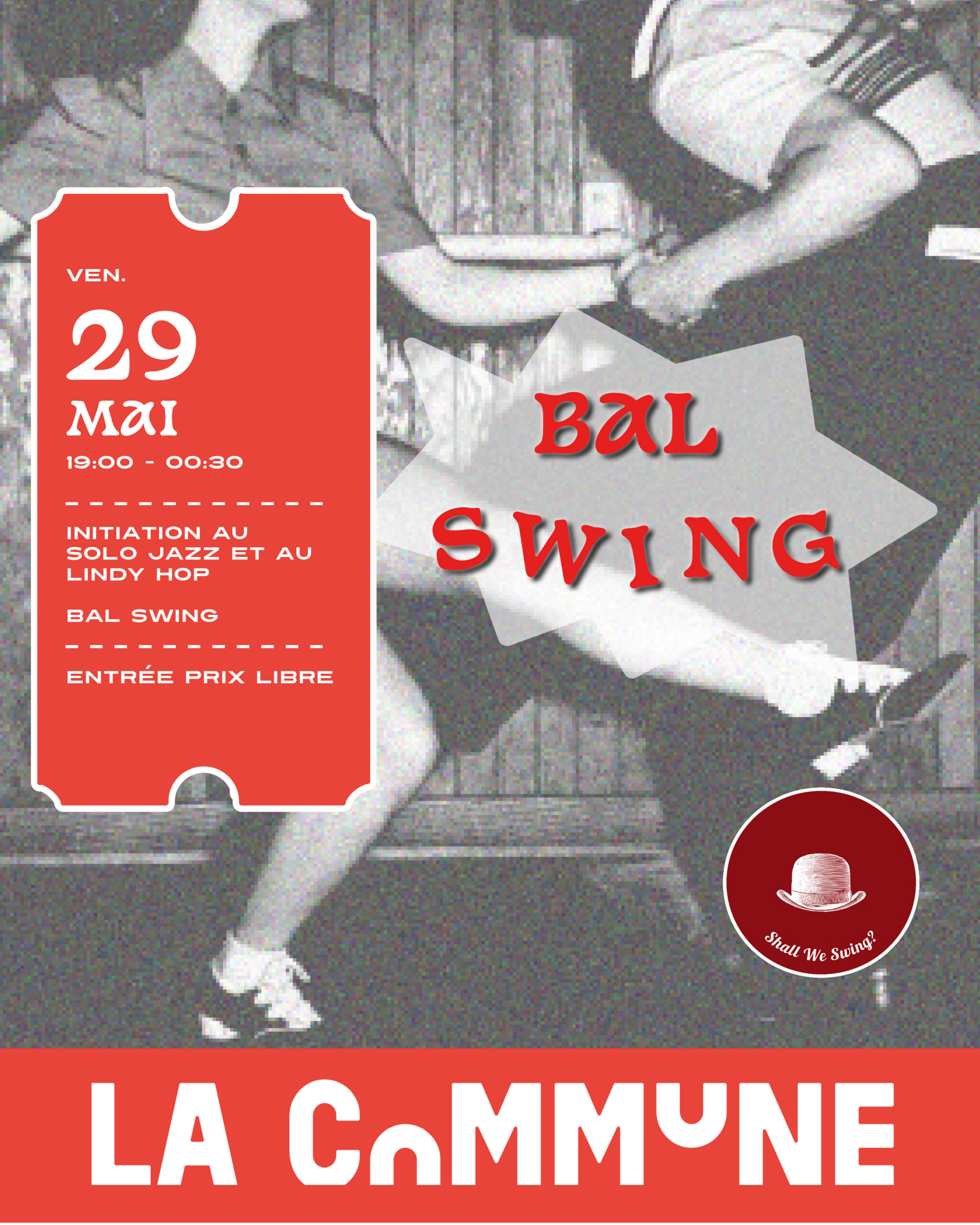 Soirée swing à La Commune avec Shall We Swing : initiations Shim Sham et Lindy Hop suivies d’un bal live jusqu’à minuit. Ambiance années folles garantie.