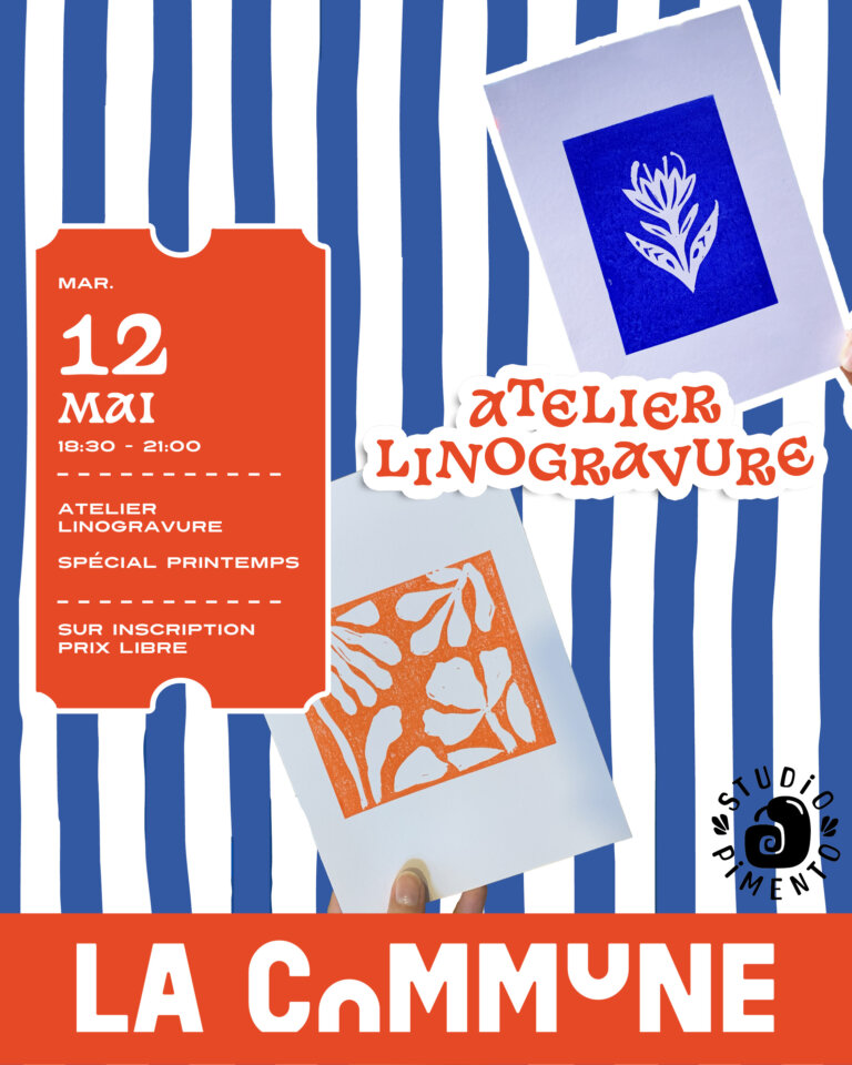 Atelier d’initiation à la linogravure à Lyon avec Studio Pimento. Découvrez une technique d’impression artisanale, créez vos motifs et repartez avec deux tirages uniques. Sur inscription, prix libre.