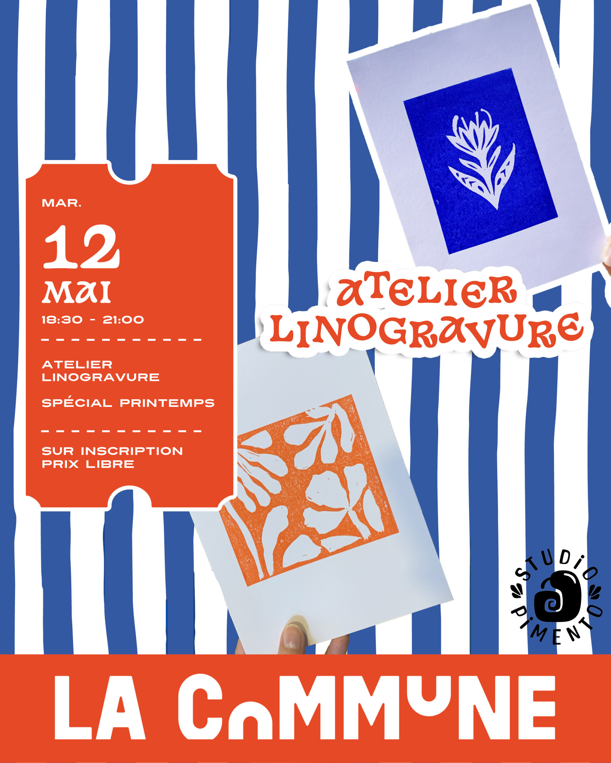 Atelier d’initiation à la linogravure à Lyon avec Studio Pimento. Découvrez une technique d’impression artisanale, créez vos motifs et repartez avec deux tirages uniques. Sur inscription, prix libre.