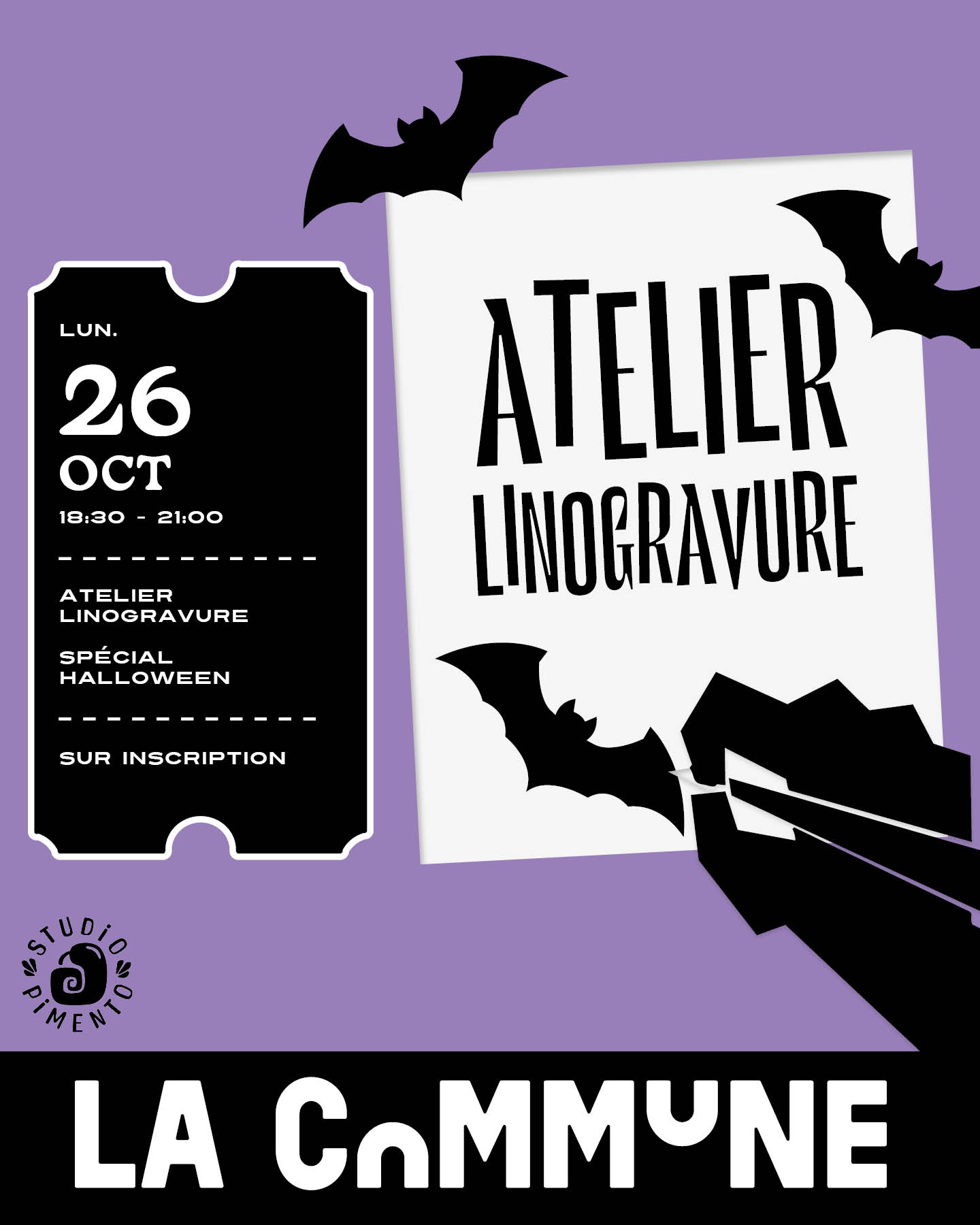 Participez à un atelier linogravure spécial Halloween avec Studio Pimento à La Commune à Lyon. Créez votre motif et repartez avec votre propre impression.