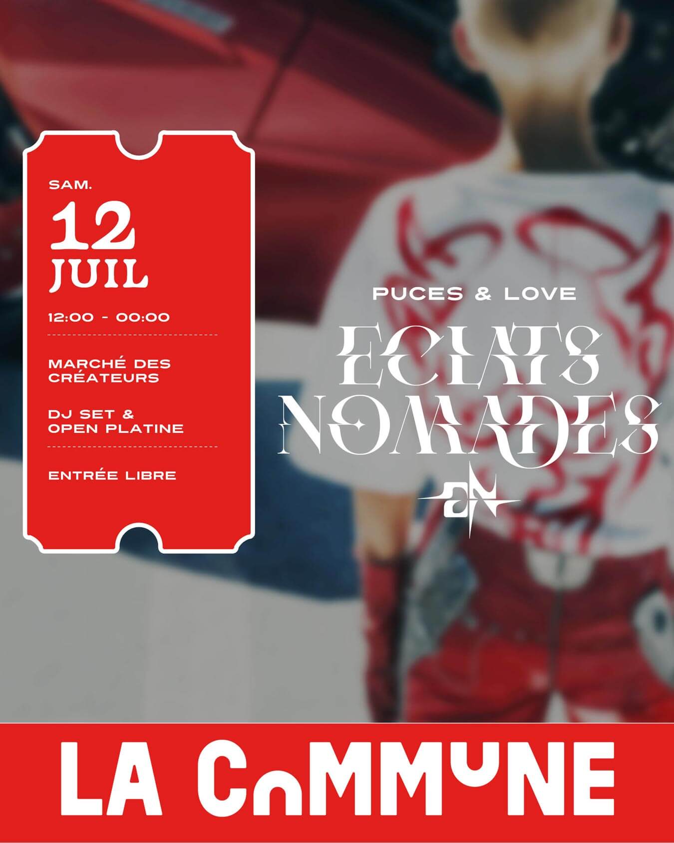 Affiche floue avec fond rouge et blanc pour le marché créateurs 