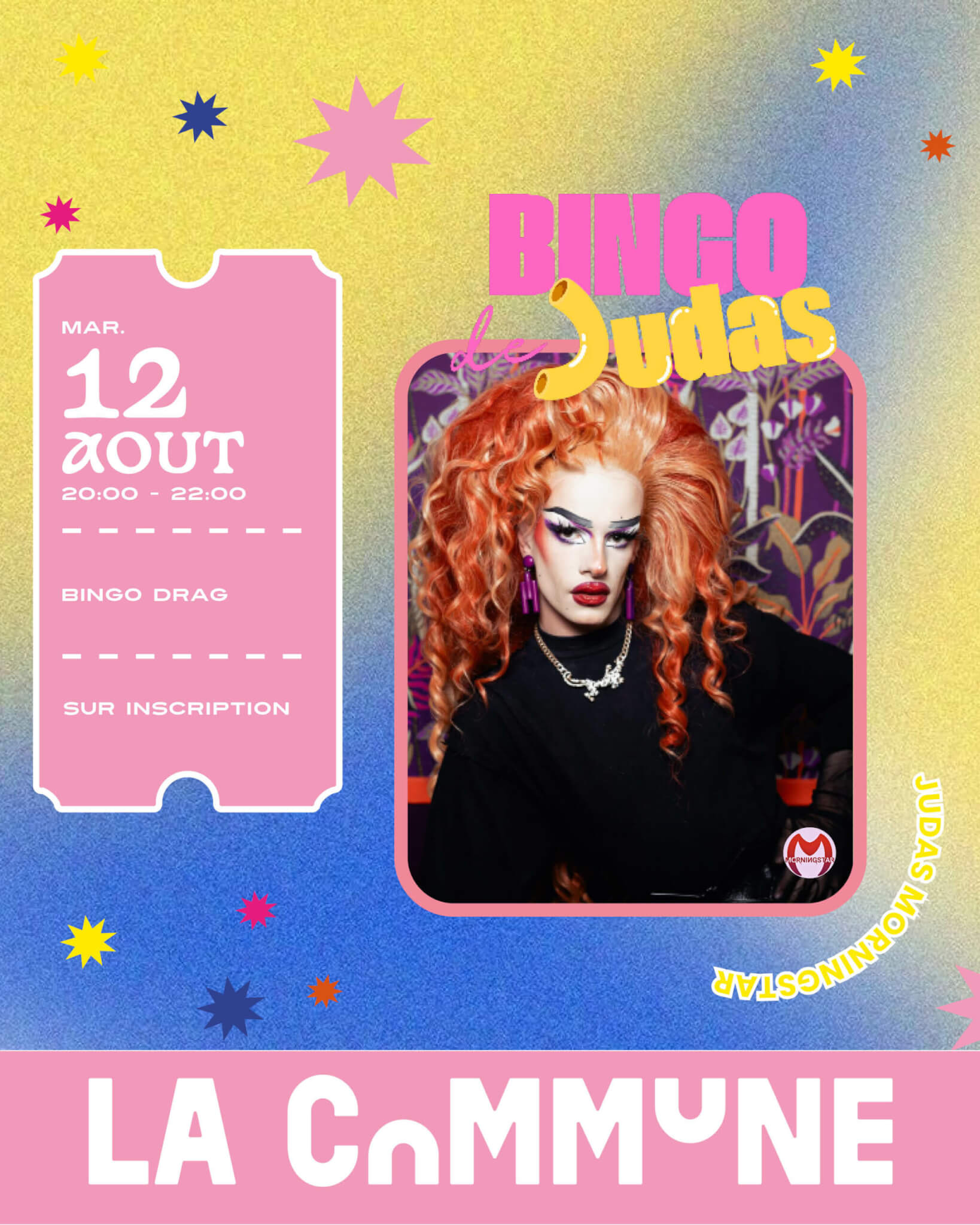 Drag Bingo avec Judas Morningstar le 12 août à La Commune. Rires, show et surprises au rendez-vous !