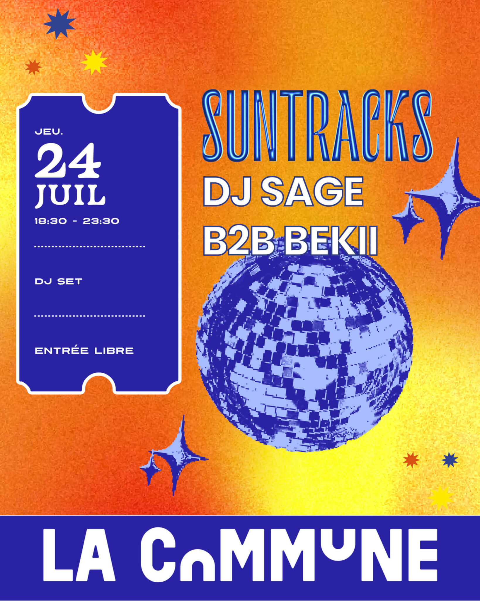 Affiche colorée pour DJ set Suntracks avec DJ Sage et Bekii le 24 juillet à La Commune