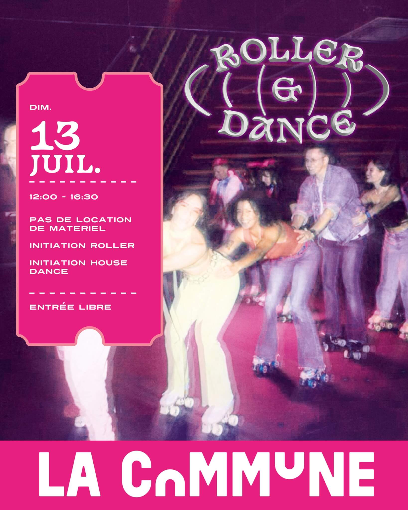 Photo floutée de groupe en roller à l’intérieur, ambiance disco pour l'événement Roller & Dance à La Commune.