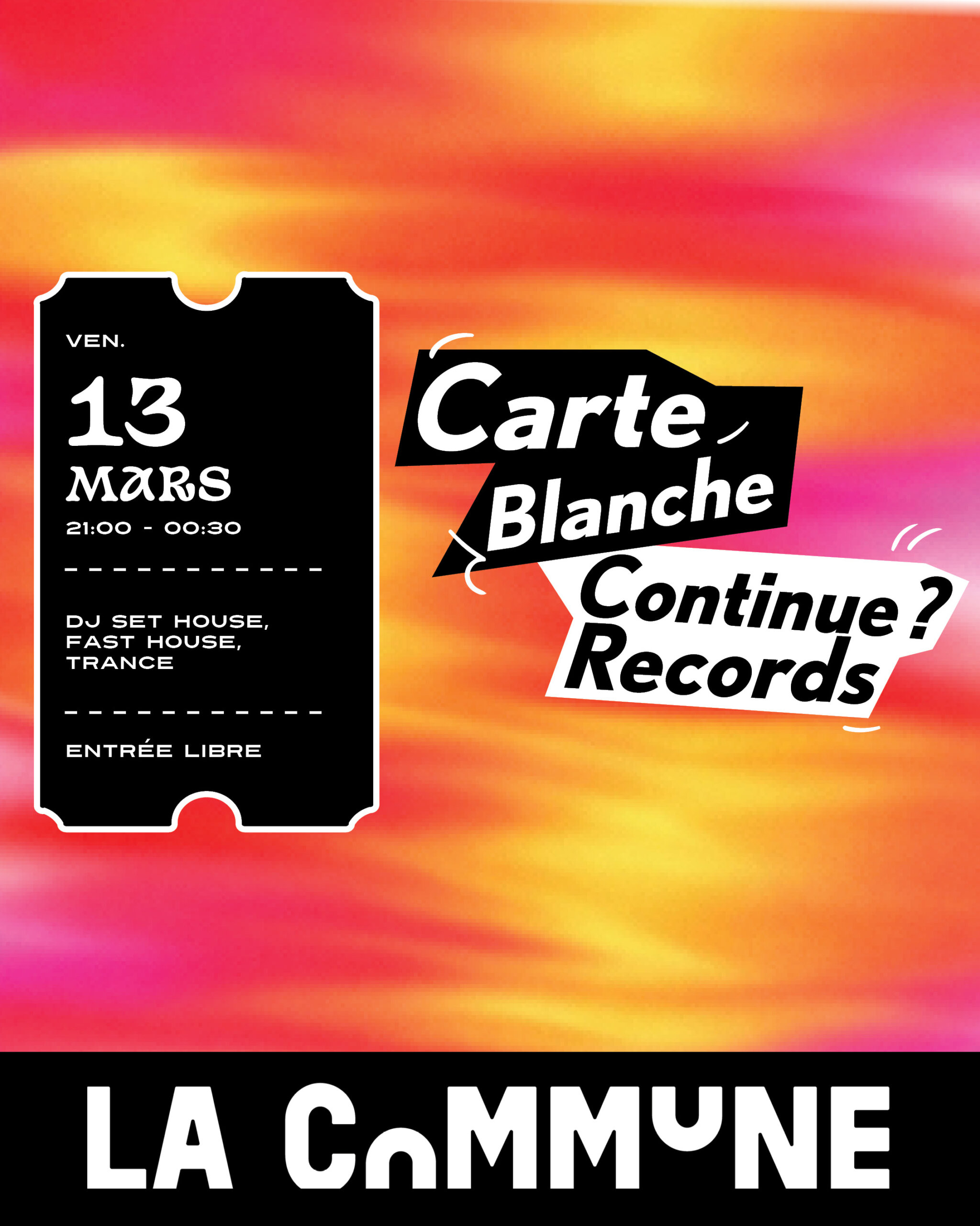 Soirée Carte blanche à Continue Records : house, fast house et trance. DJs surprises, énergie solaire et dancefloor jusqu’à minuit.