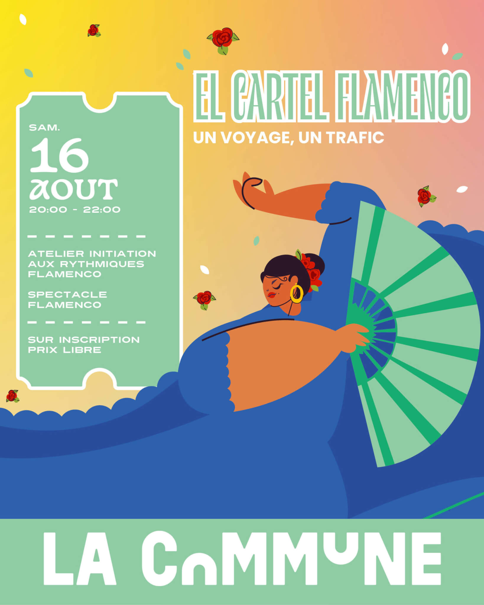 Affiche colorée avec danseuse de flamenco pour atelier et spectacle El Cartel Flamenco à La Commune le 16 août.