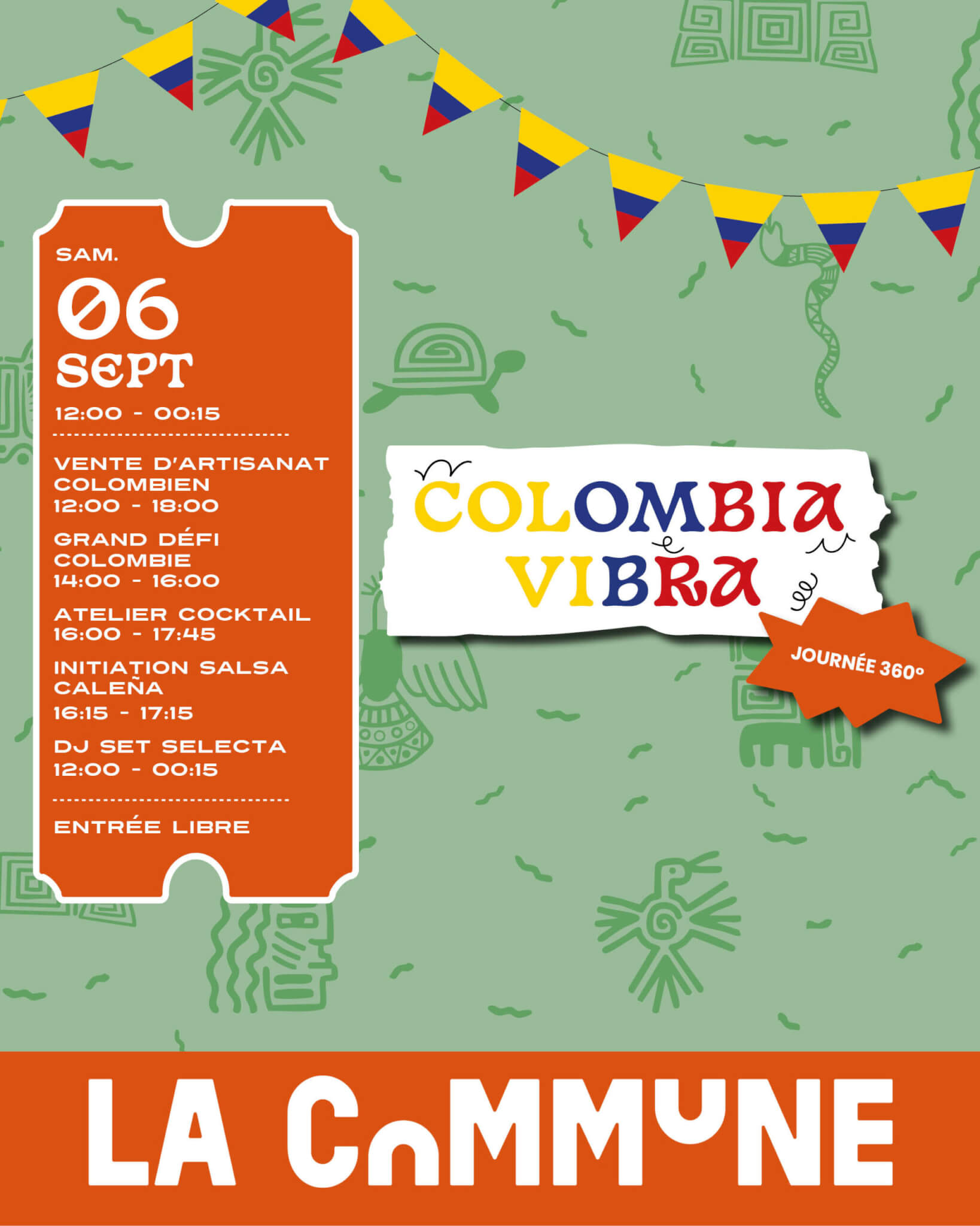 Journée Colombia Vibra à La Commune avec artisanat, défi, salsa caleña, cocktails et DJ set.