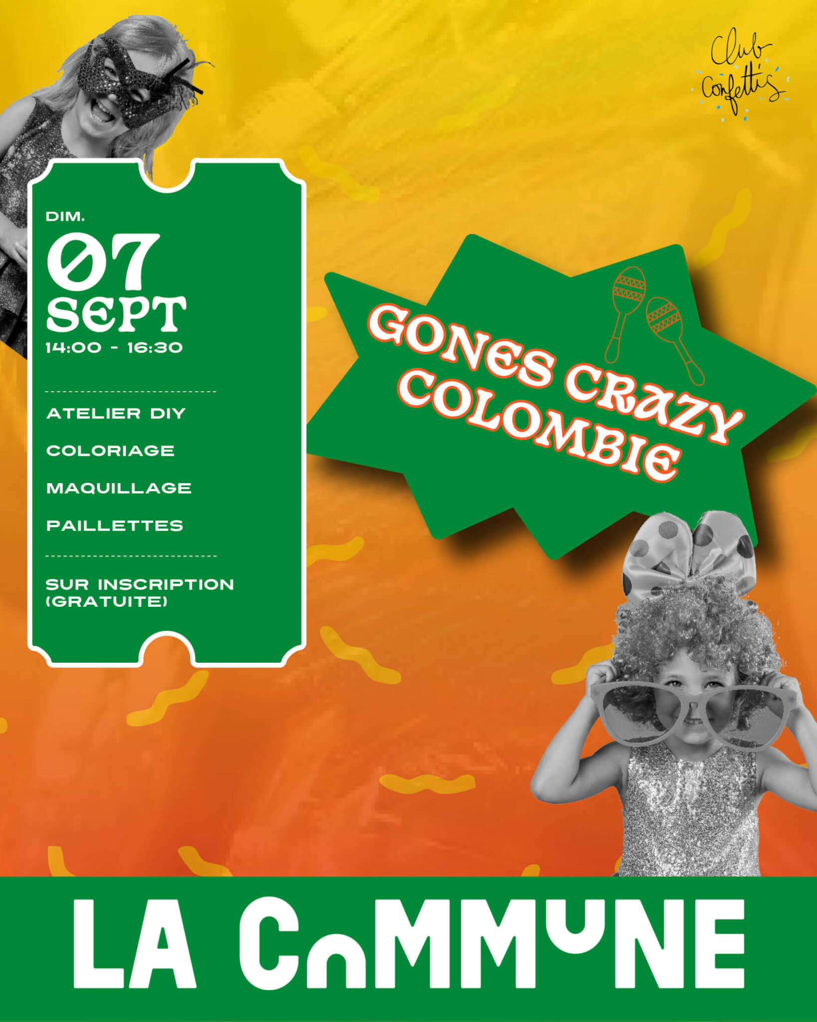 Atelier enfants Gones Crazy Colombie à La Commune avec DIY, coloriage et maquillage.