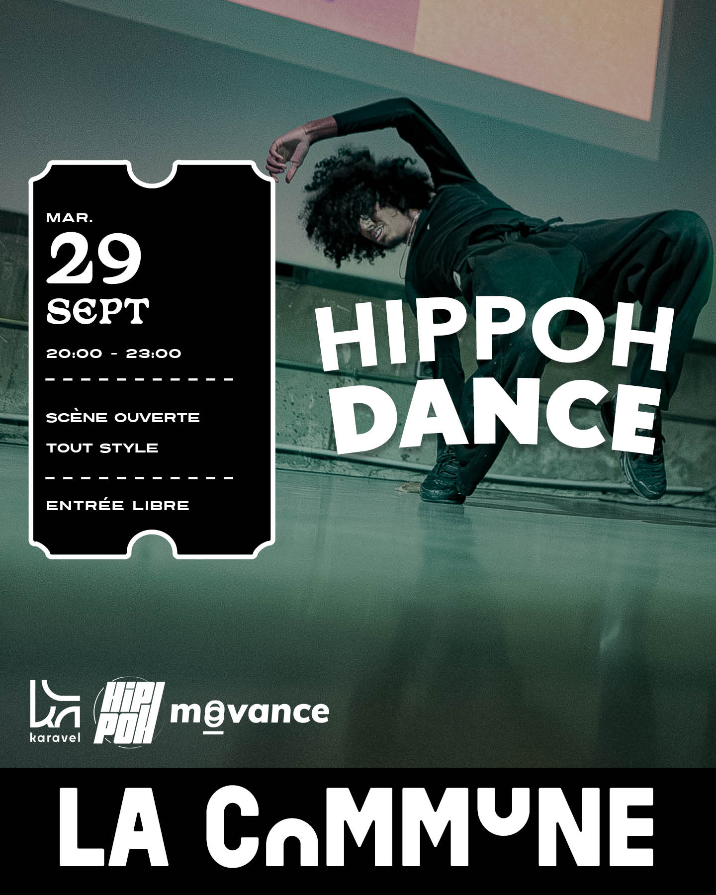 Découvrez Hippoh Dance à La Commune avec Karavel : une scène ouverte danse accessible à tous les styles et niveaux, avec Jimmy Yudat et Moovance.