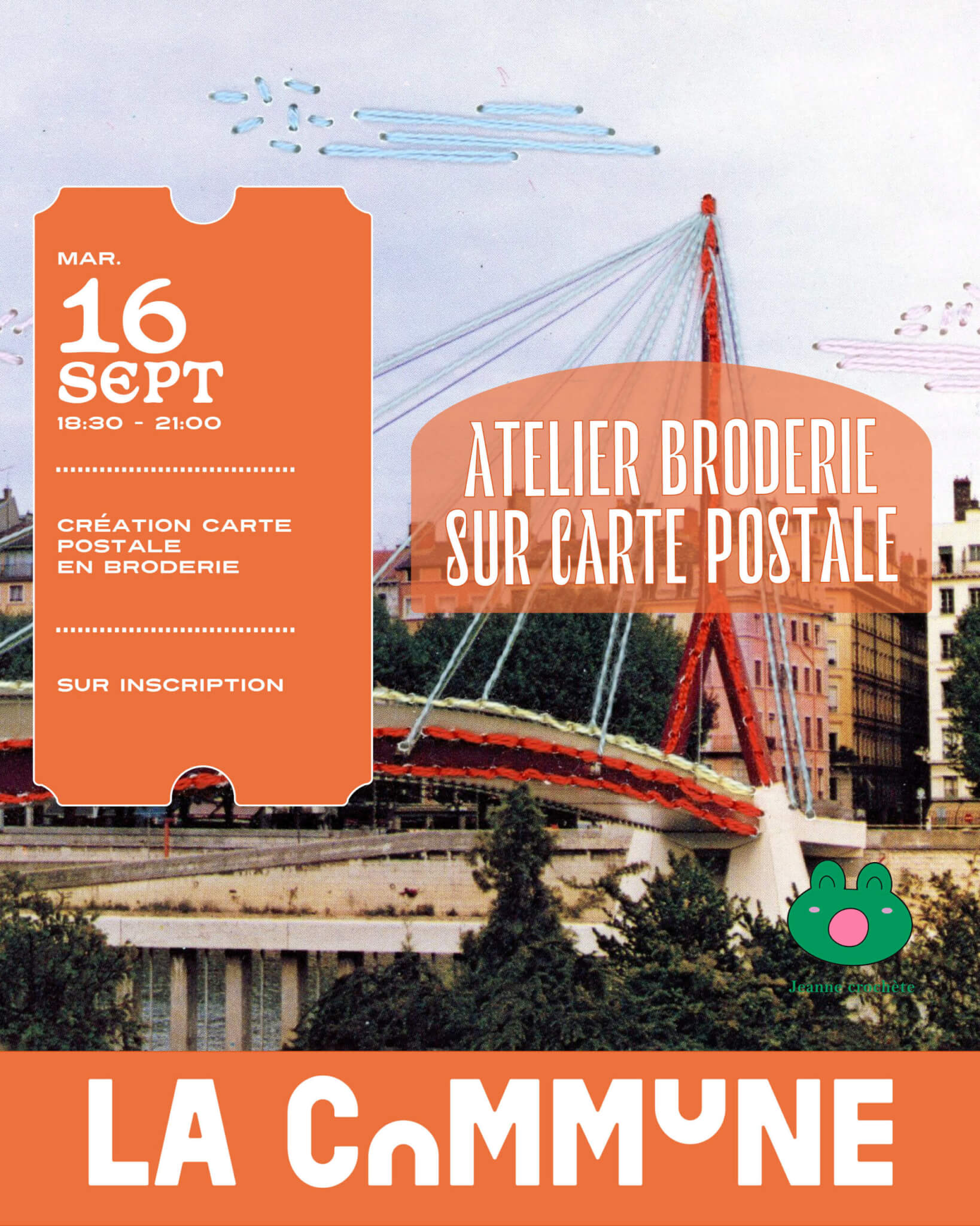 telier broderie à La Commune : création de cartes postales brodées originales.