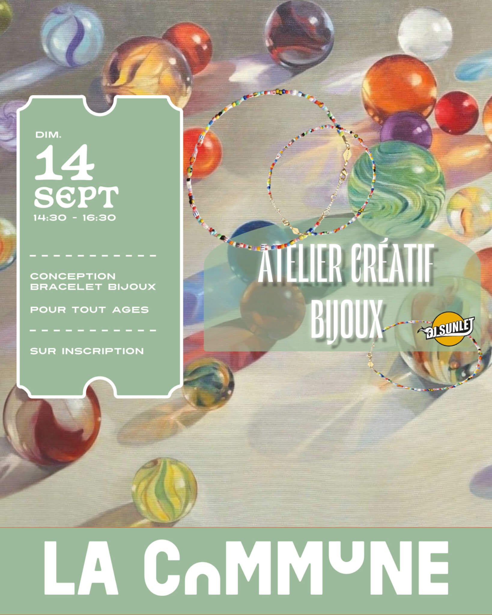 Atelier créatif bijoux à La Commune : conception de bracelets colorés pour tous âges.