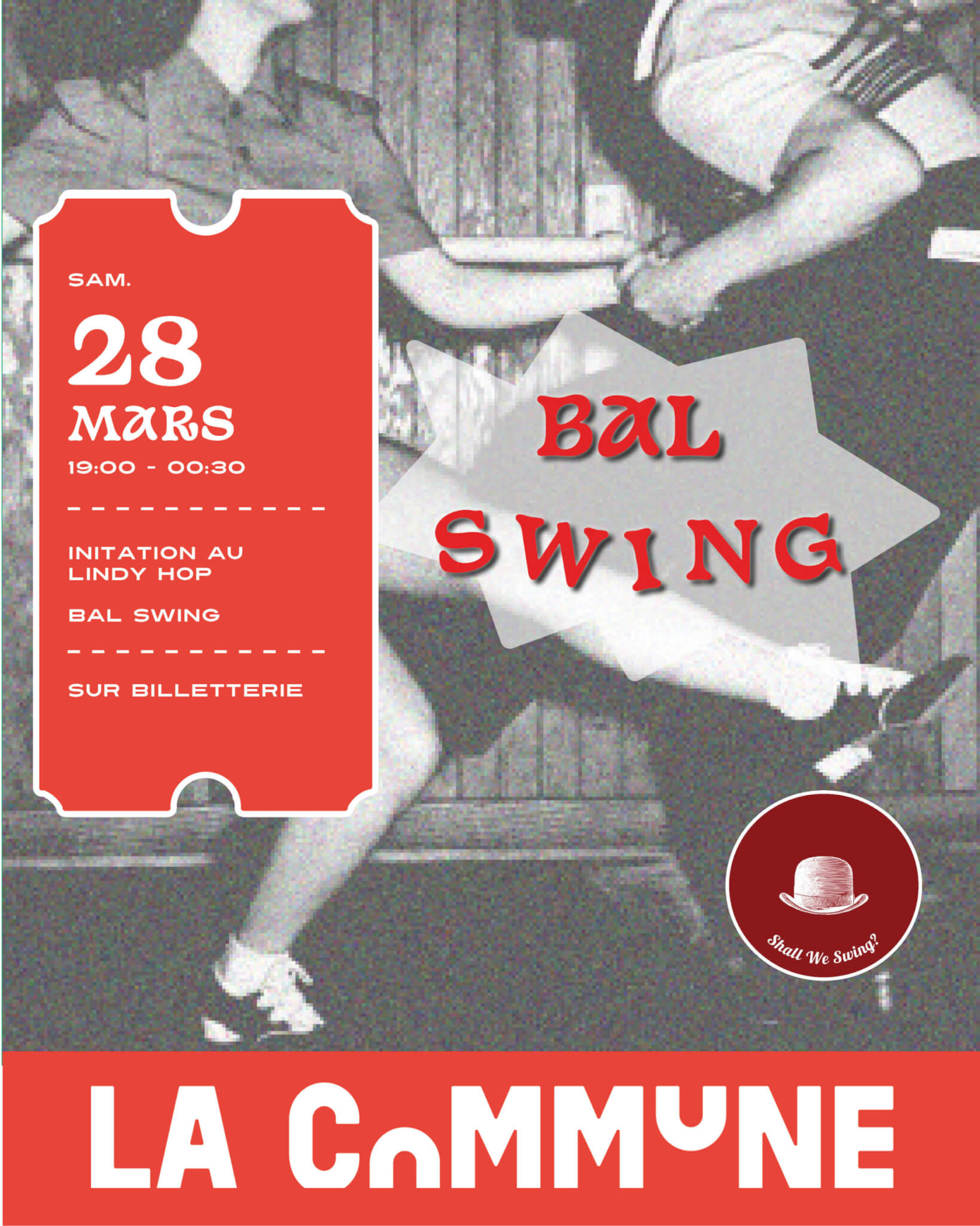 Bal swing à La Commune avec Shall We Swing : initiation 19h-20h, bal live 20h-00h30. Venez vibrer au rythme du jazz et du Lindy Hop !