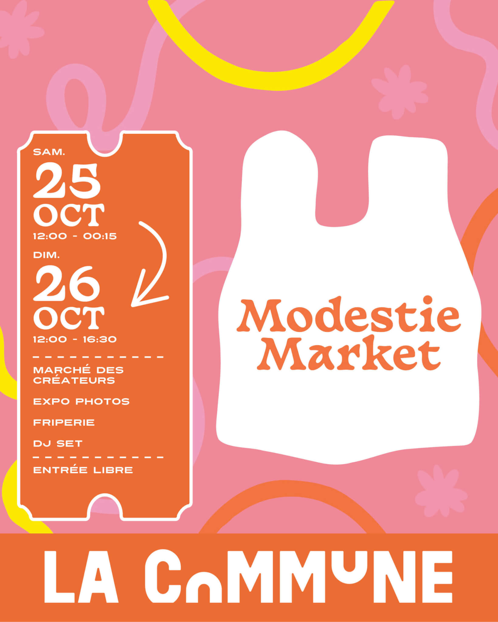 Affiche du Modestie Market à La Commune Lyon, marché de créateurs avec friperie, expo photos et DJ set.