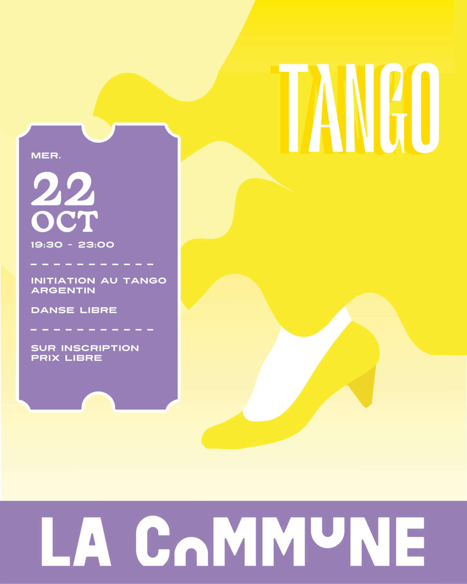 Affiche de la soirée Tango à La Commune Lyon avec initiation au tango argentin et danse libre.