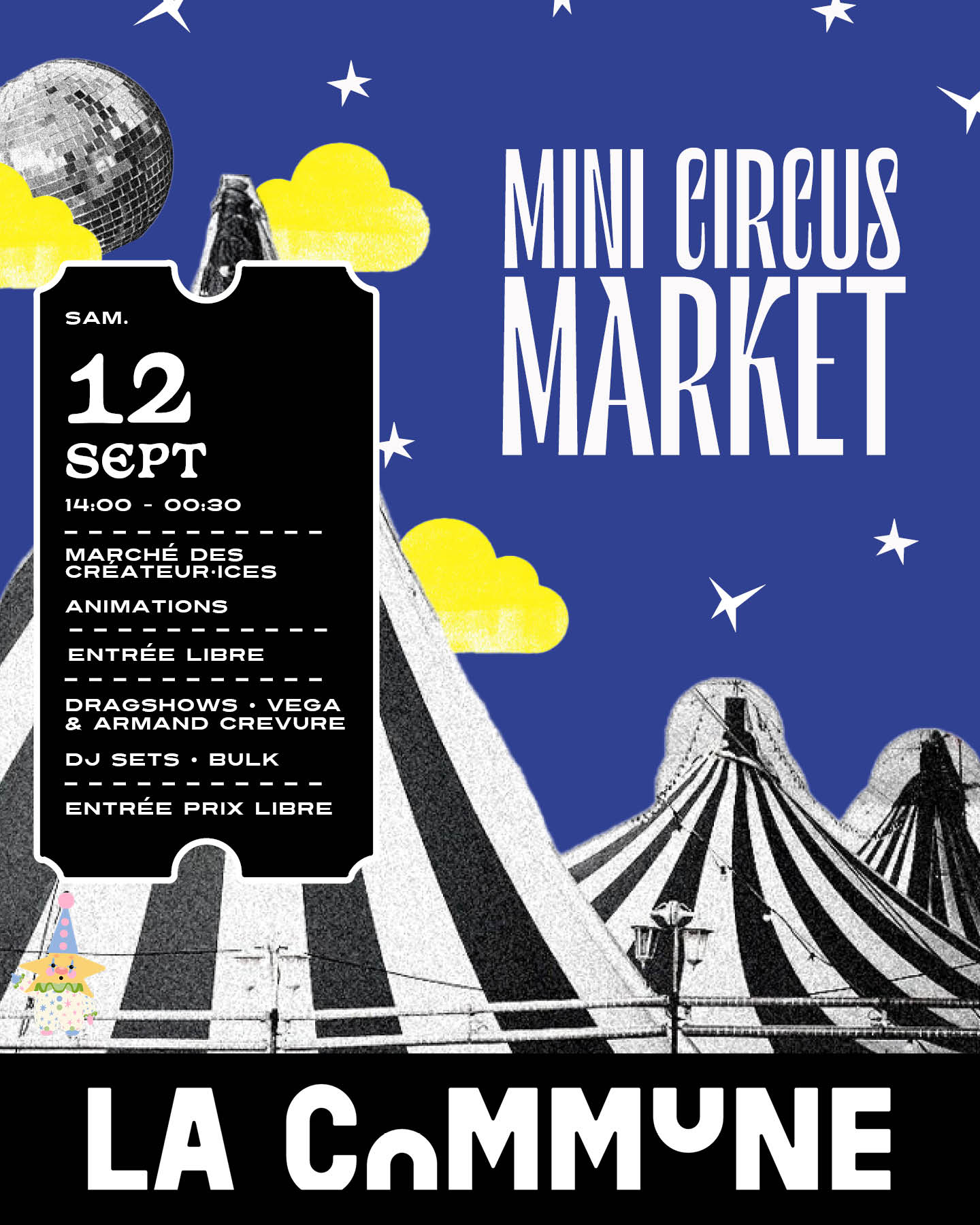 Le Mini Circus Market arrive à La Commune à Lyon le 12 septembre : marché de créateur·ices, ateliers, sérigraphie, drag show et DJ sets de Bulk.