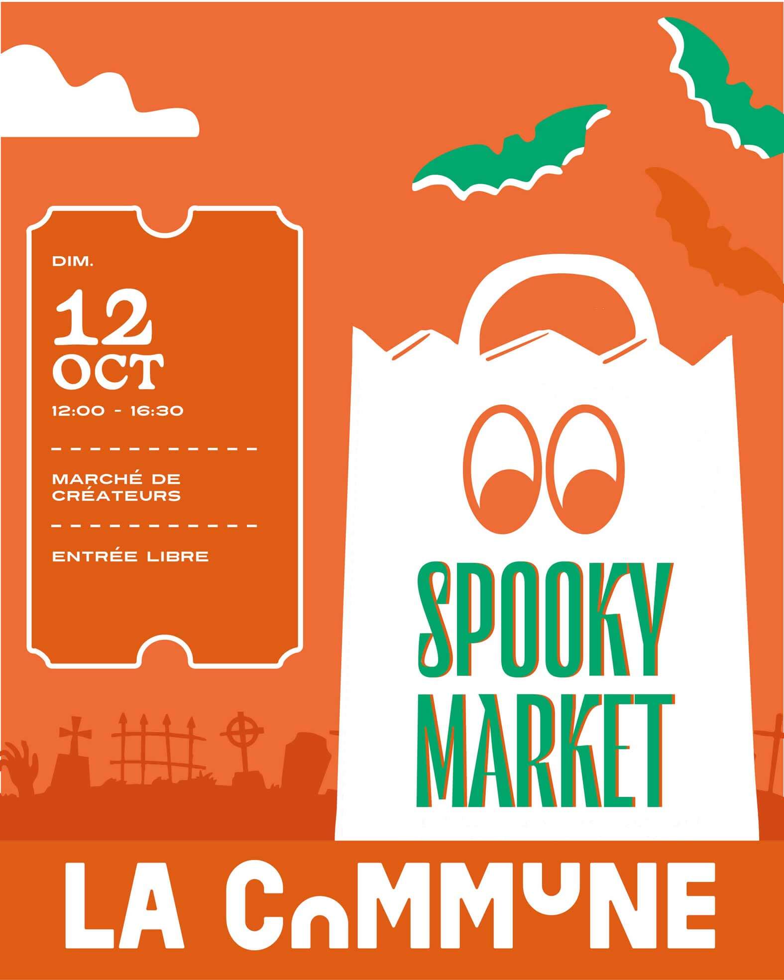Affiche du Spooky Market à La Commune Lyon, marché de créateurs sur le thème d’Halloween.