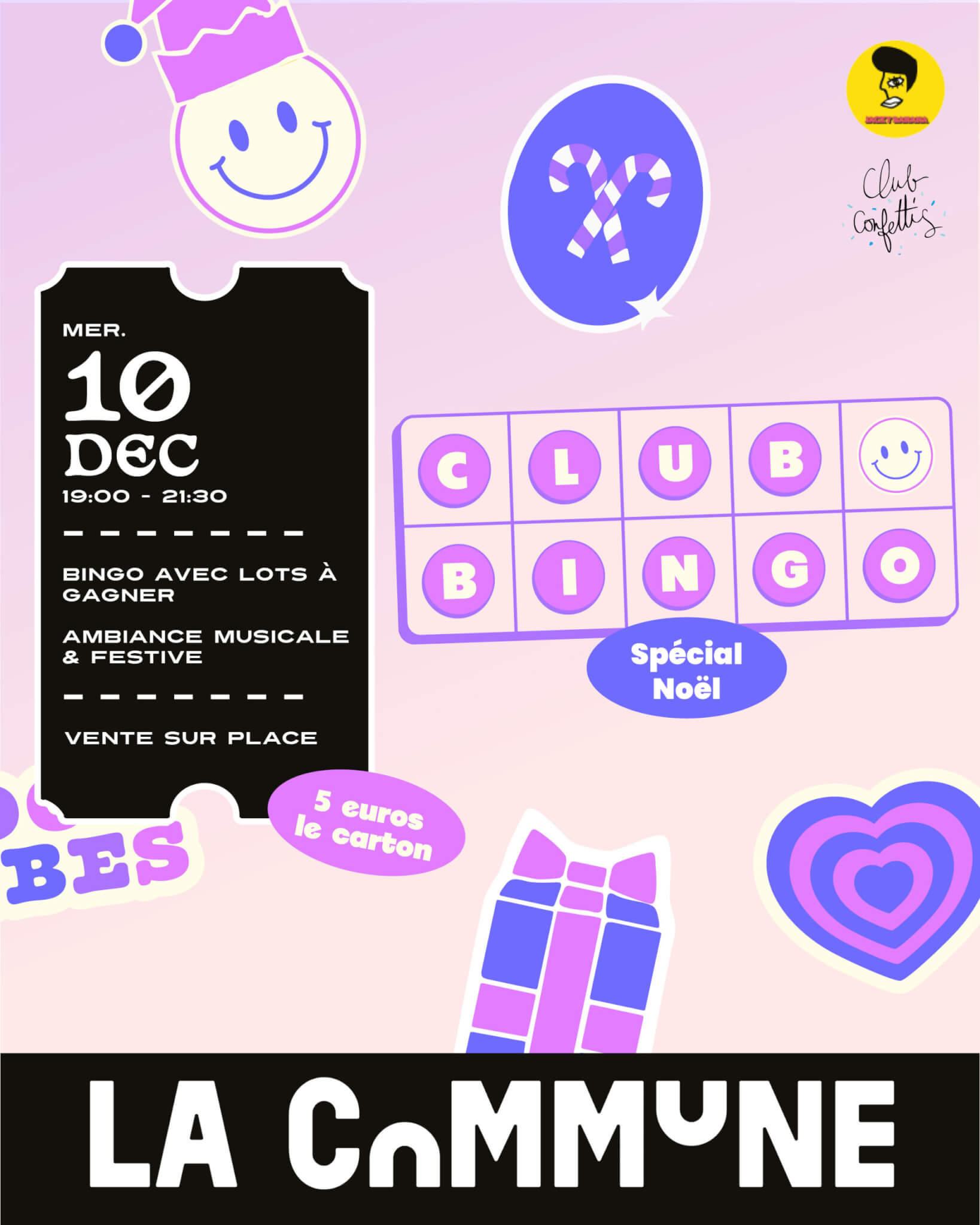 Affiche du Club Bingo spécial Noël à La Commune Lyon le 10 décembre, soirée festive avec lots à gagner, musique et bonne humeur signée Club Confettis.