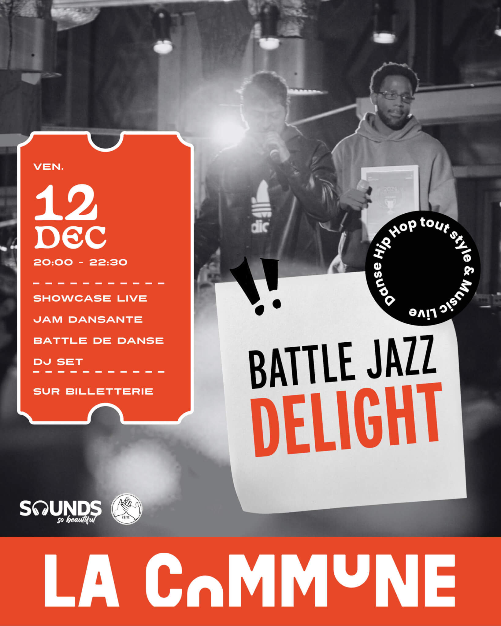 Affiche du Battle Jazz Delight à La Commune Lyon le 12 décembre, soirée hip-hop avec showcase live, jam dansante, battle et DJ set.