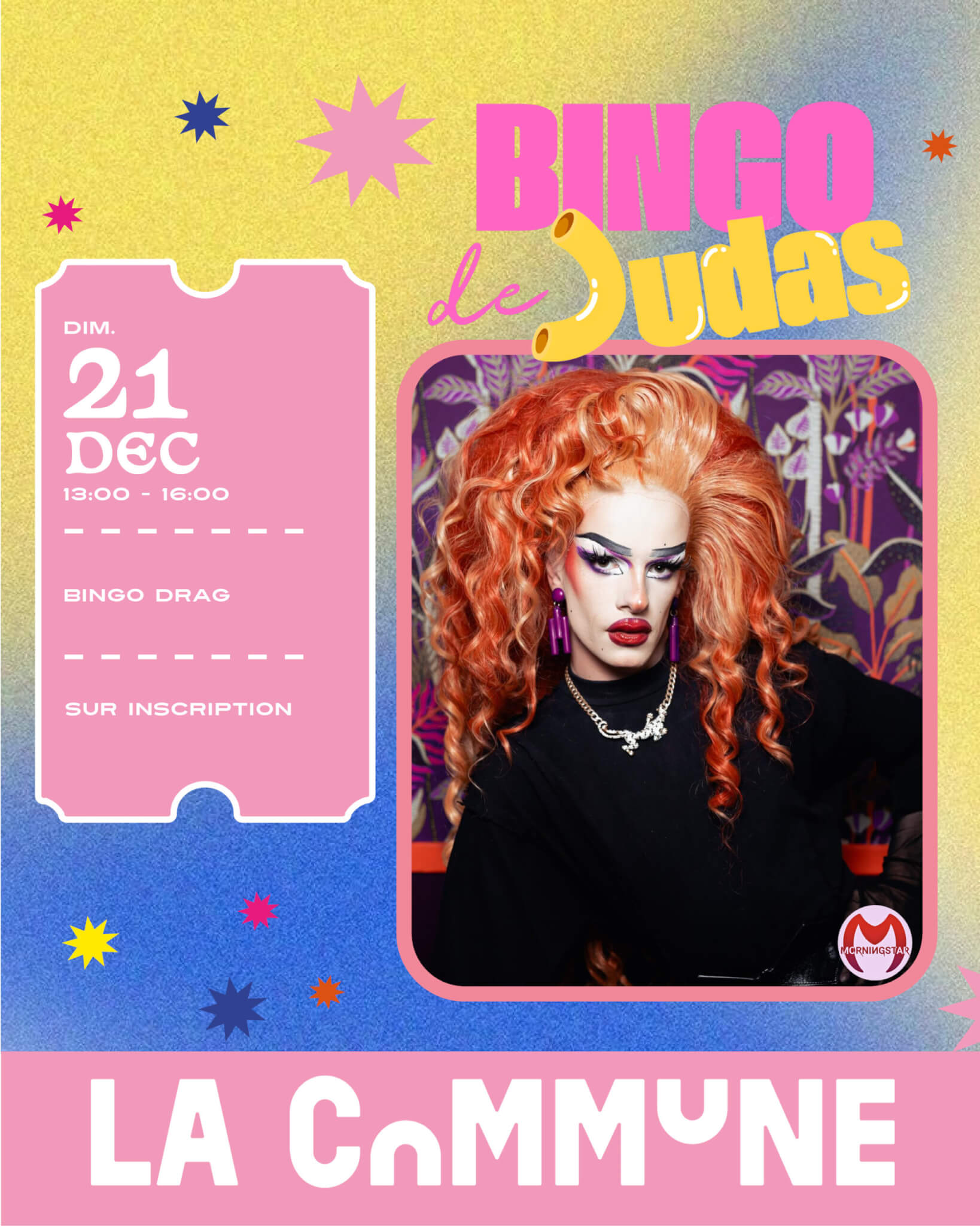 Affiche du Bingo de Judas à La Commune Lyon le 21 décembre, un bingo drag haut en couleur animé par Judas Morningstar.
