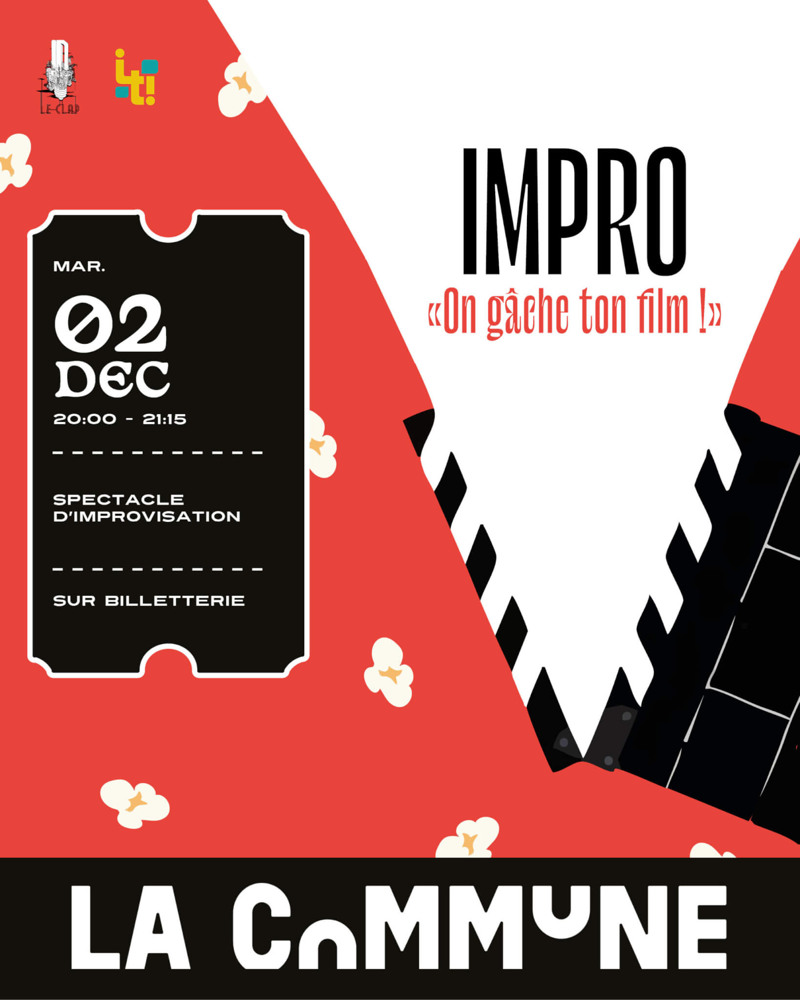 Affiche du spectacle d’improvisation « On gâche ton film ! » à La Commune Lyon le 2 décembre, show humoristique interactif sur le thème du cinéma.