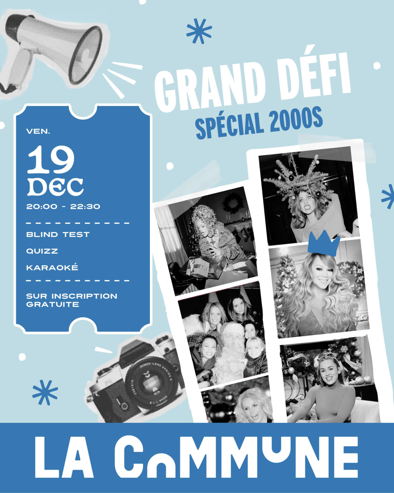 Ce soir, on remonte le temps direction les années 2000 ! La Commune et Club Confettis s’associent pour une soirée spéciale 2000's qui va réveiller tes meilleurs souvenirs ! (Re)découvrez tous les hits emblématiques de cette décennie culte dans une ambiance festive et remplie de good vibes ! Au programme : 😎 Blind test 🎤 Karaoké 💃 Choré ☝ Quiz 📍 La Commune 👉 Pour t’inscrire : envoie un mail à prog@lacommune.co avec le nom de ton équipe et le nombre de participants. Prêtes à tout donner ? Let’s slay together ! Sur inscription gratuite