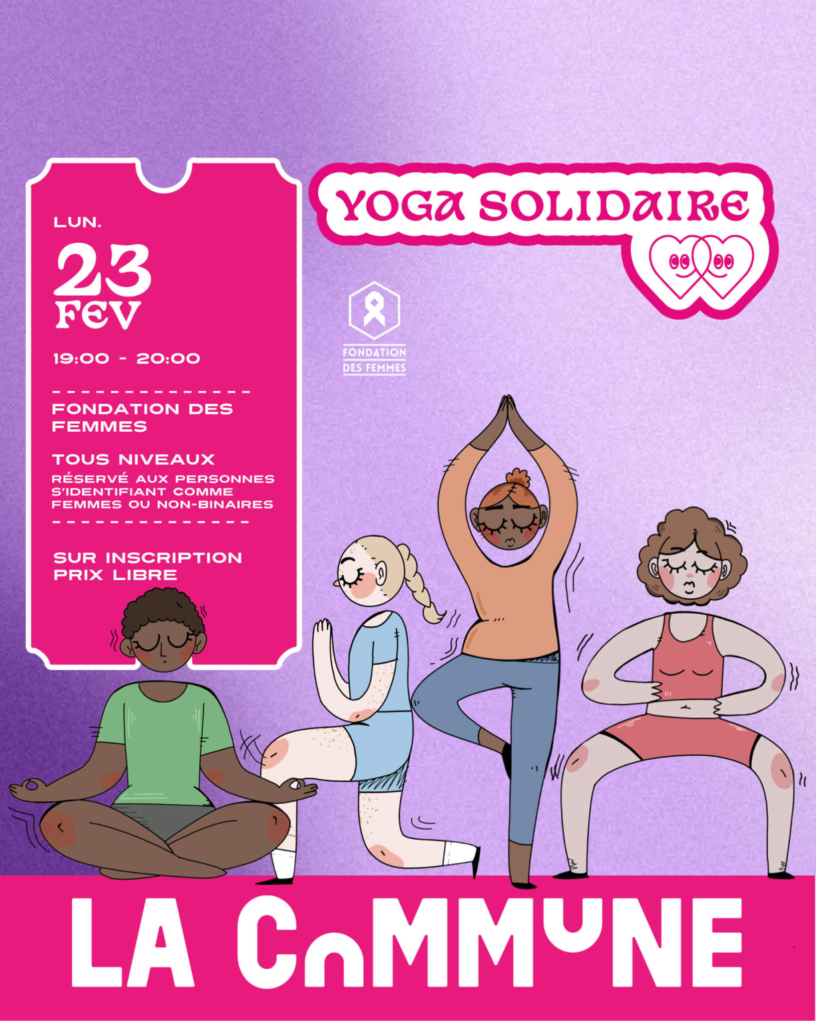 Cours de yoga solidaire pour femmes et personnes non-binaires à Lyon. Moment de bien-être accessible à tous niveaux, participation libre au profit de la Fondation des Femmes.