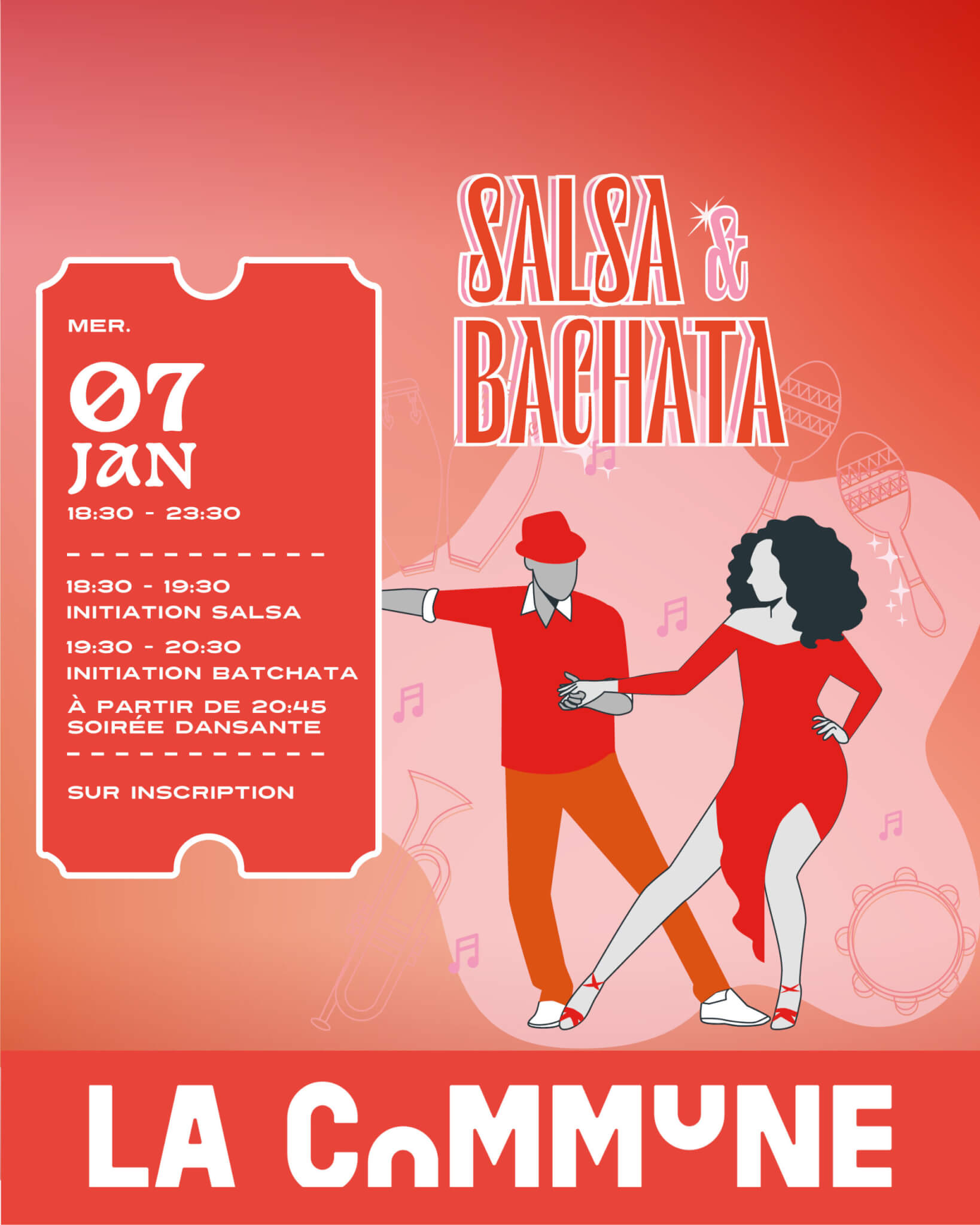 Visuel événement Salsa & Bachata à La Commune du 7 janvier : illustration d’un couple qui danse, avec horaires des initiations et soirée dansante, ambiance rouge et rose.