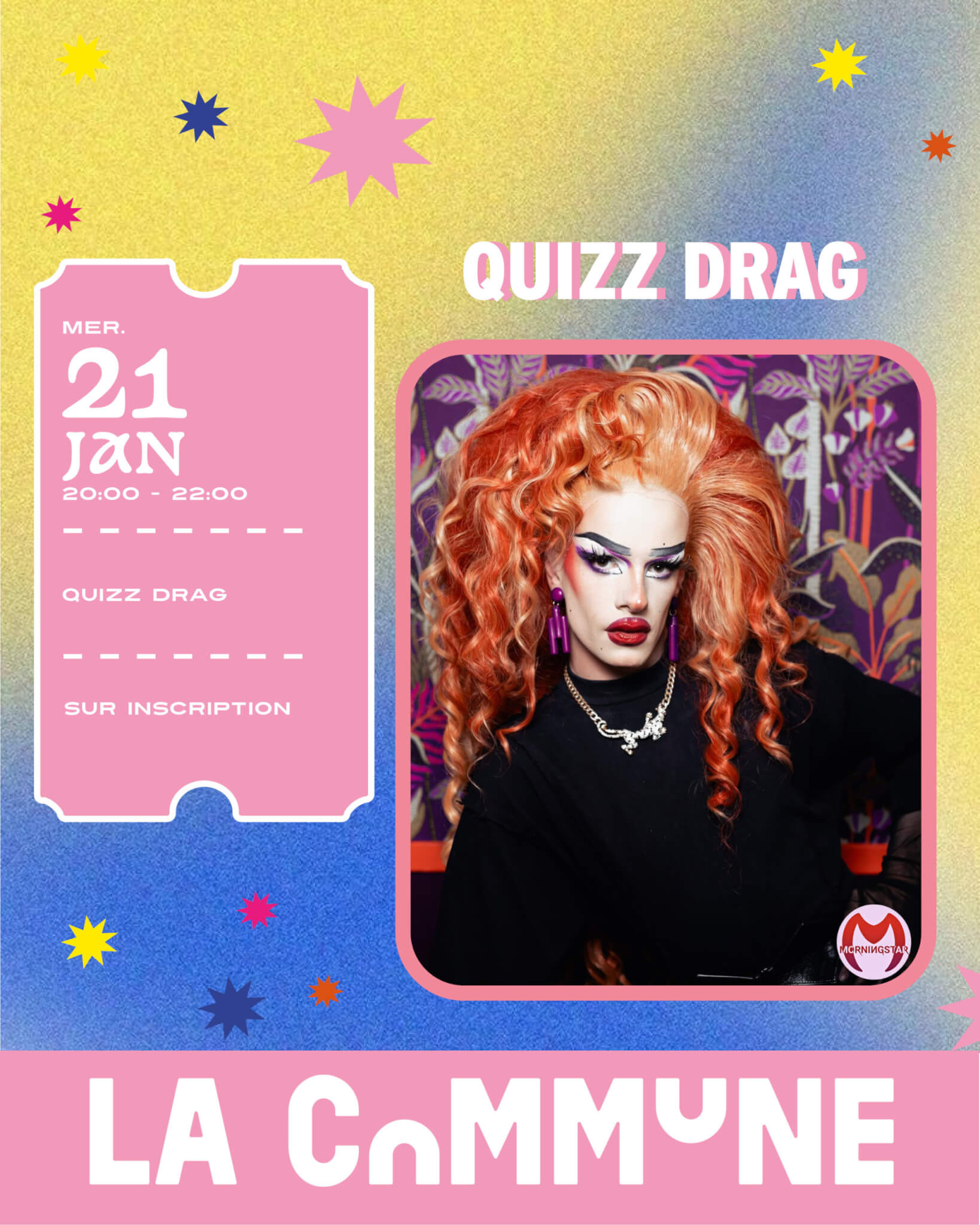 Affiche événement Quizz Drag à La Commune le 21 janvier avec photo de drag queen, couleurs pop et informations horaires.