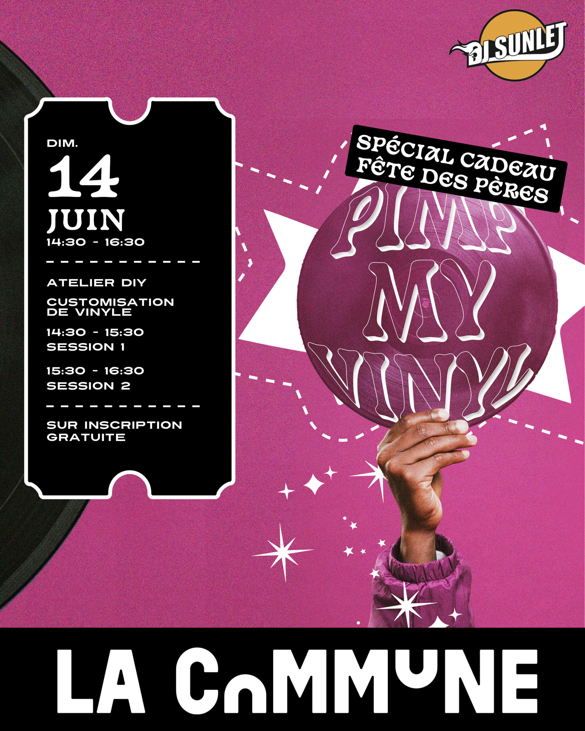 Atelier Pimp My Vinyl spécial Fête des Pères : créez une œuvre unique à partir d’un vinyle avec DJ Sunlet. Activité gratuite en famille, sur inscription. 2 sessions, dès 5 ans.