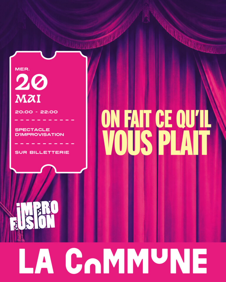 Spectacle d’improvisation théâtrale à Lyon le 20 mai 2026 : scènes entièrement improvisées, humour, surprises et interaction avec le public. Sur billetterie .