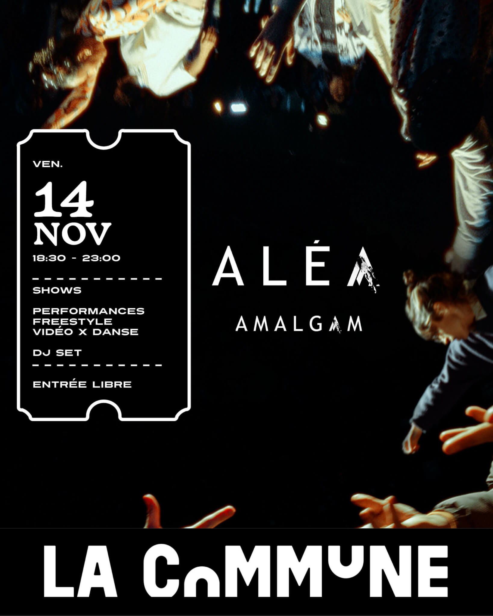 Affiche de l’événement ALÉA à La Commune Lyon, mêlant danse, freestyle, vidéo et DJ set dans une ambiance artistique immersive.