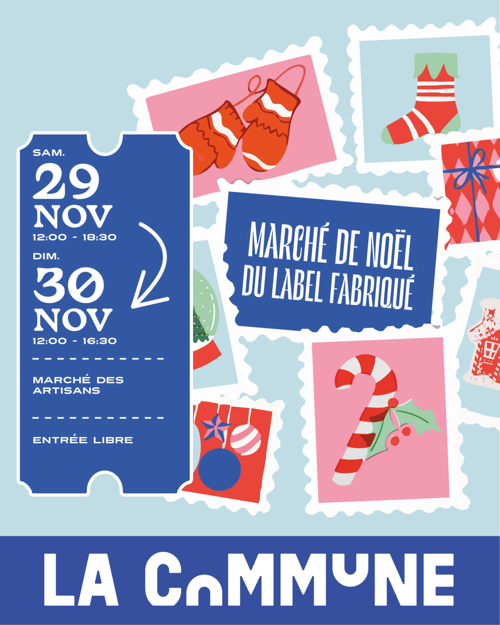 Affiche du Marché de Noël du Label Fabriqué à La Commune Lyon les 29 et 30 novembre, avec artisans, créations locales et ambiance festive, entrée libre.