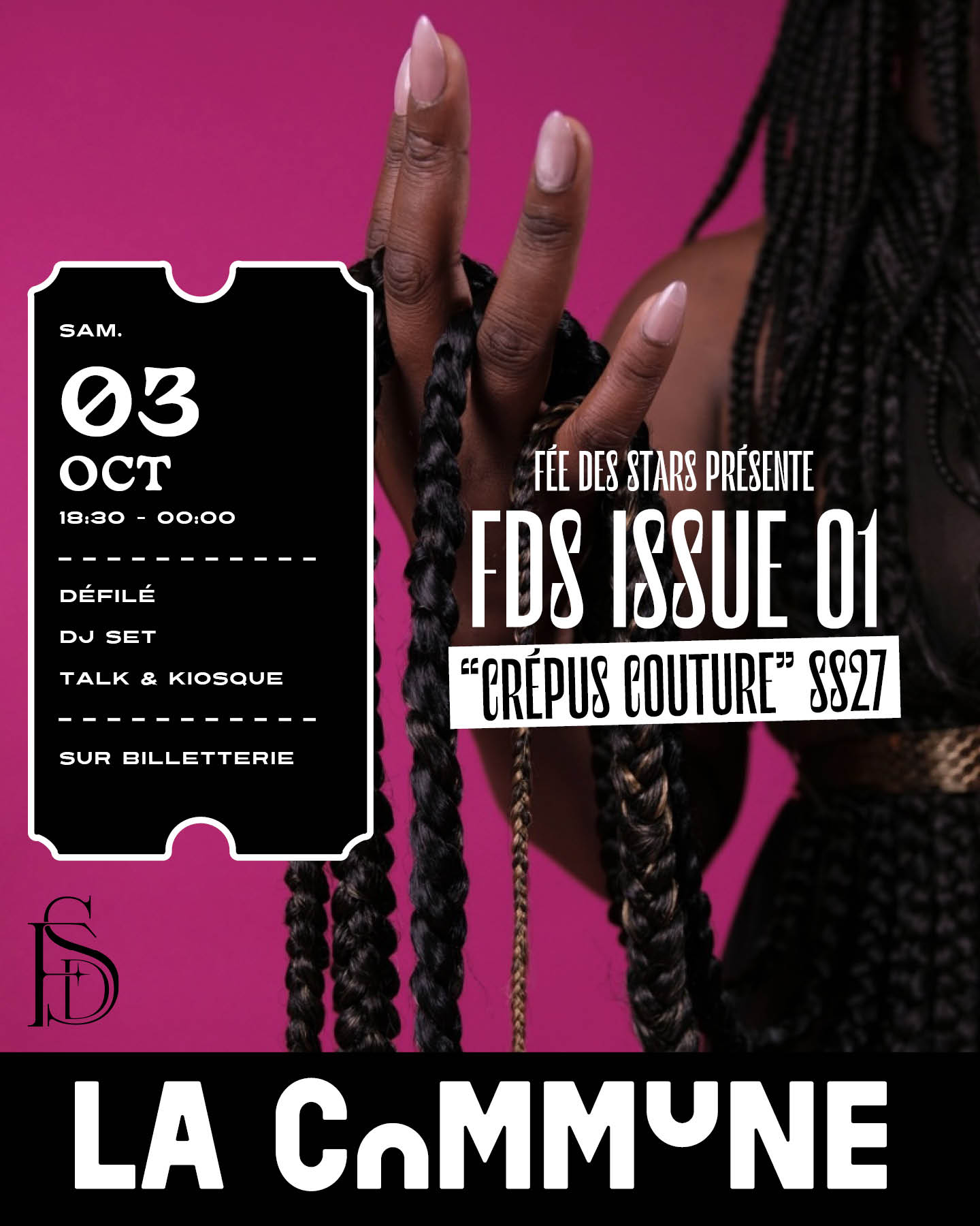 Découvrez « Crépus Couture » de Fée des Stars à La Commune : fashion show, talk, magazine FDS Issue 01 et DJ set autour de la mode et de la féminité noire.