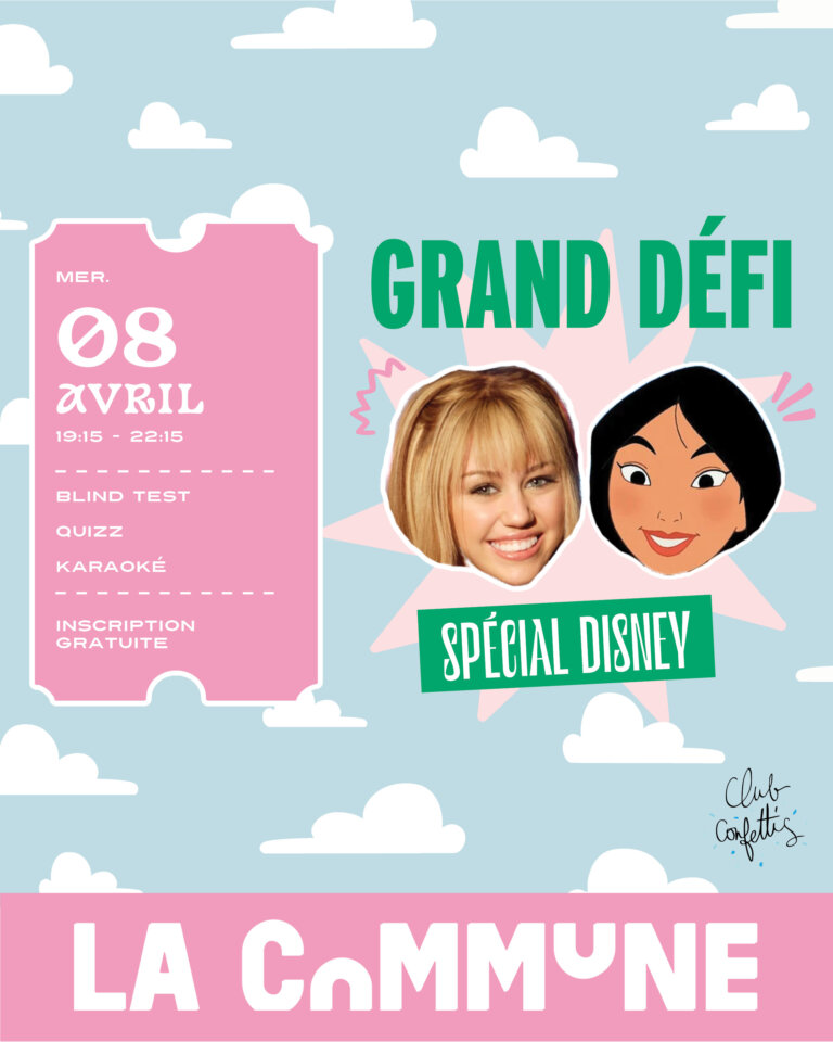 Participez au Grand Défi Spécial Disney à La Commune : blind test, quiz et karaoké autour des plus grands classiques Disney. Une soirée ludique et festive à vivre en équipe. Inscription gratuite.