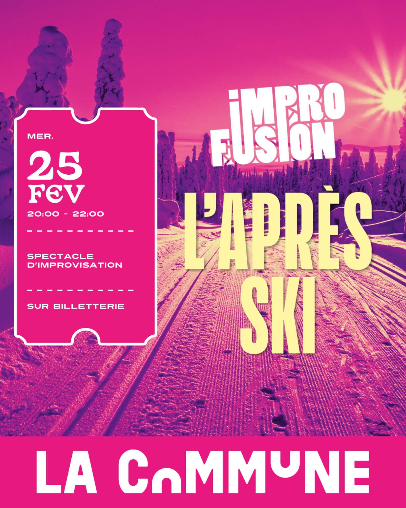 Vivez un spectacle d’impro interactif avec Impro Fusion : vos anecdotes de ski deviennent des histoires uniques, drôles et créatives à La Commune, Lyon.