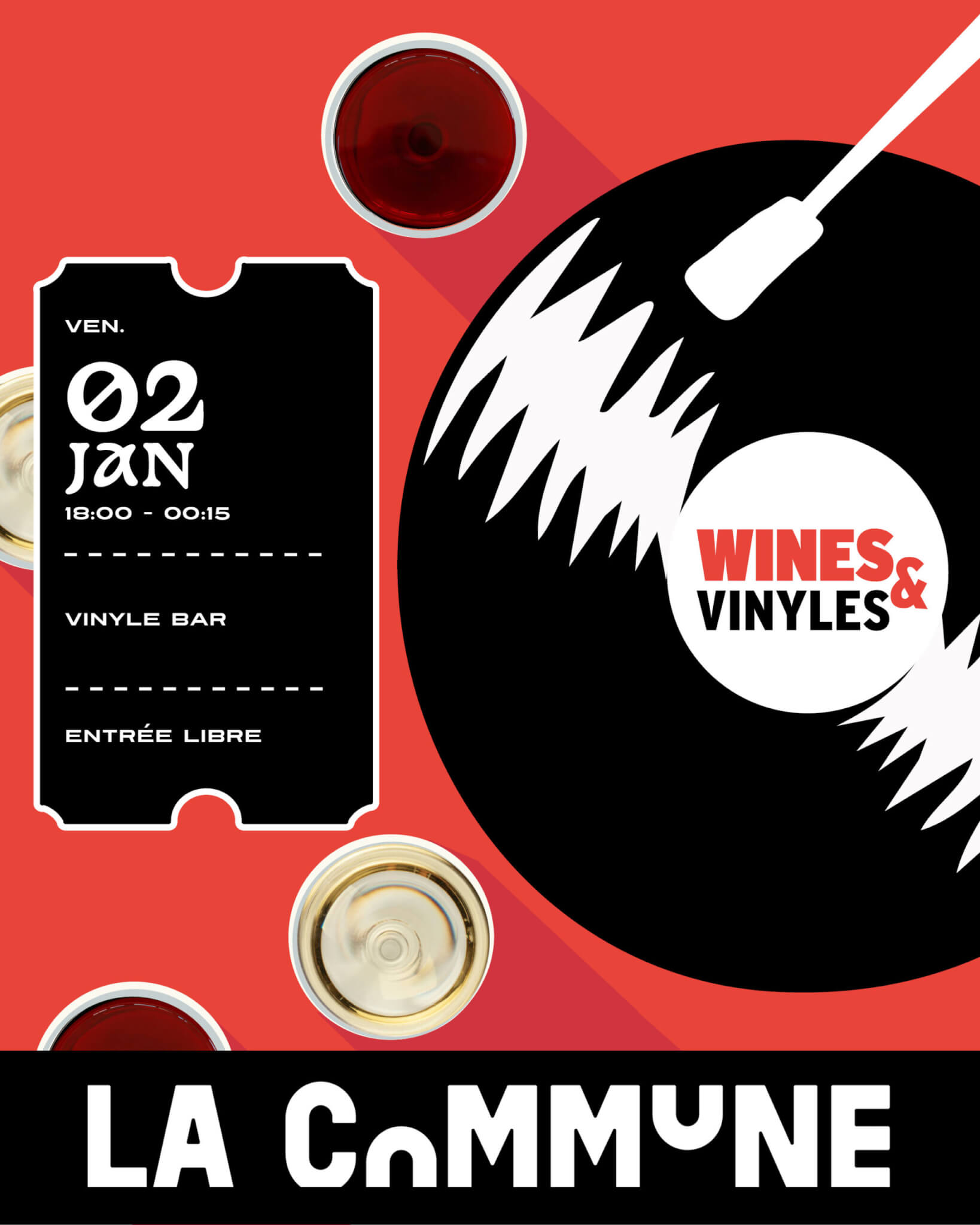 Affiche Wines & Vinyles à La Commune, vinyle bar avec musique et dégustation de vins, vendredi 2 janvier de 18h à 00h15, entrée libre.