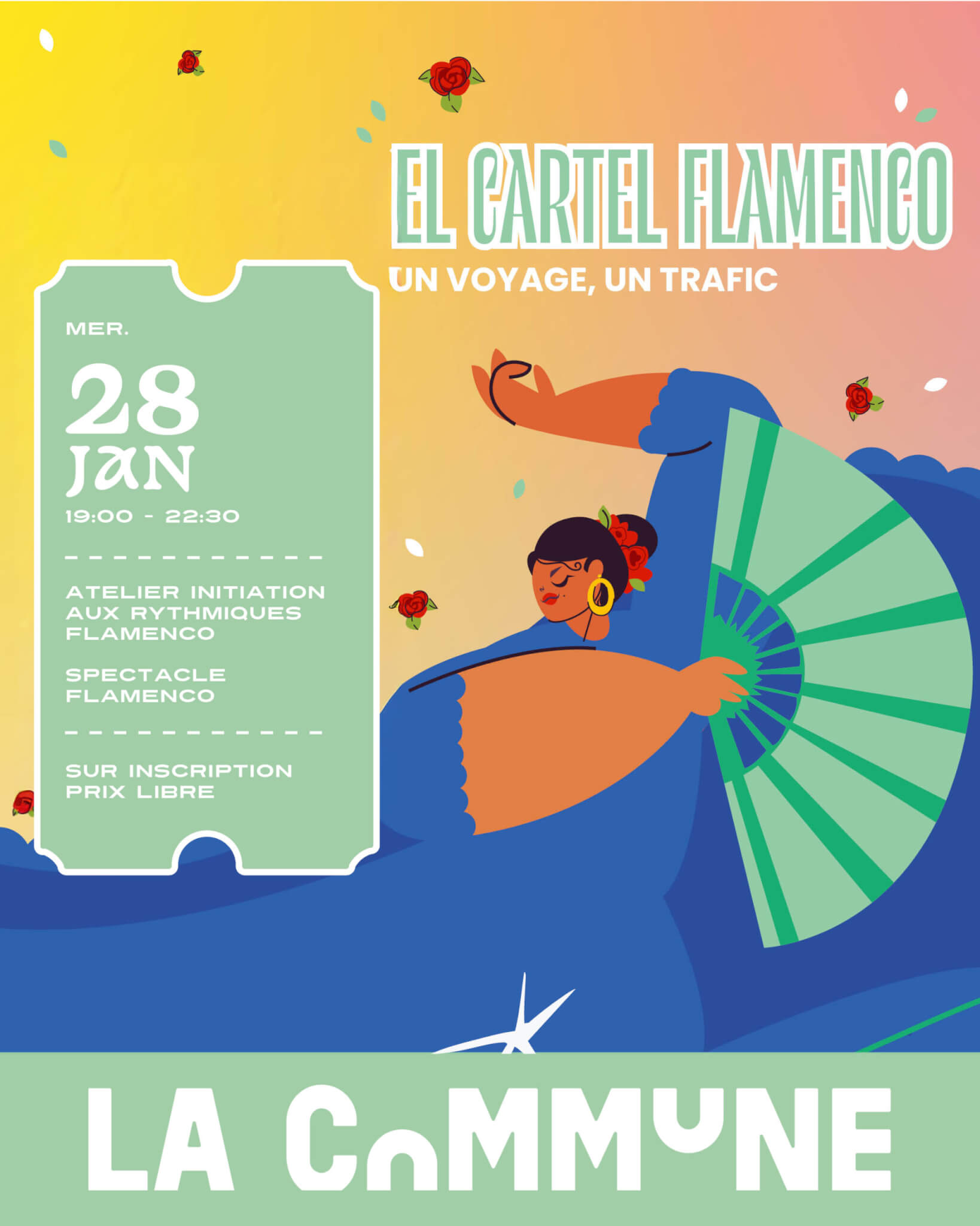 Affiche El Cartel Flamenco à La Commune avec atelier d’initiation aux rythmiques et spectacle flamenco, mercredi 28 janvier de 19h à 22h30, sur inscription à prix libre.